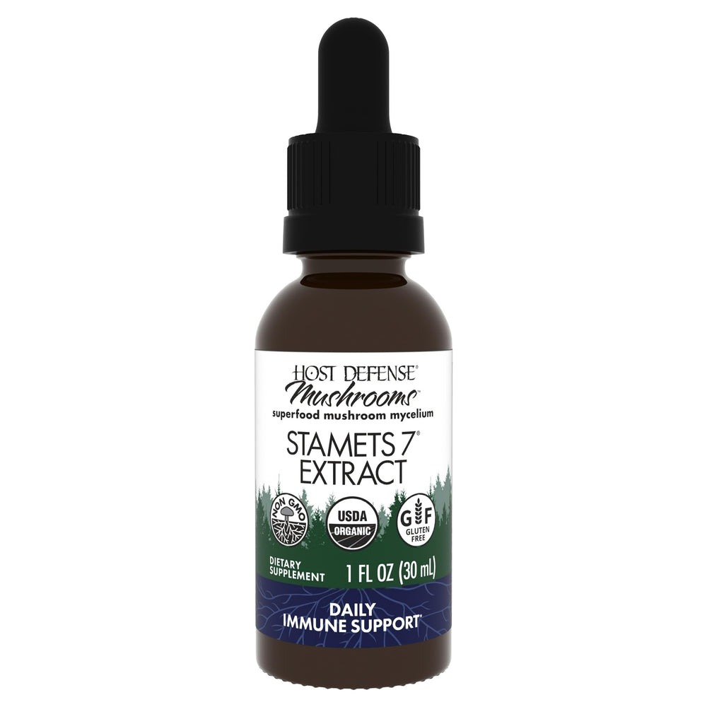 Host Defense Stamets 7 extract bottle front for daily wellness.
