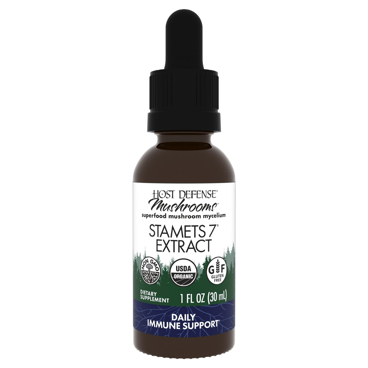 Host Defense Stamets 7 extract bottle front for daily wellness.