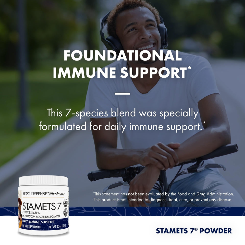 Host Defense Stamets 7 mushroom varieties on the package showcase seven species for daily immune support.