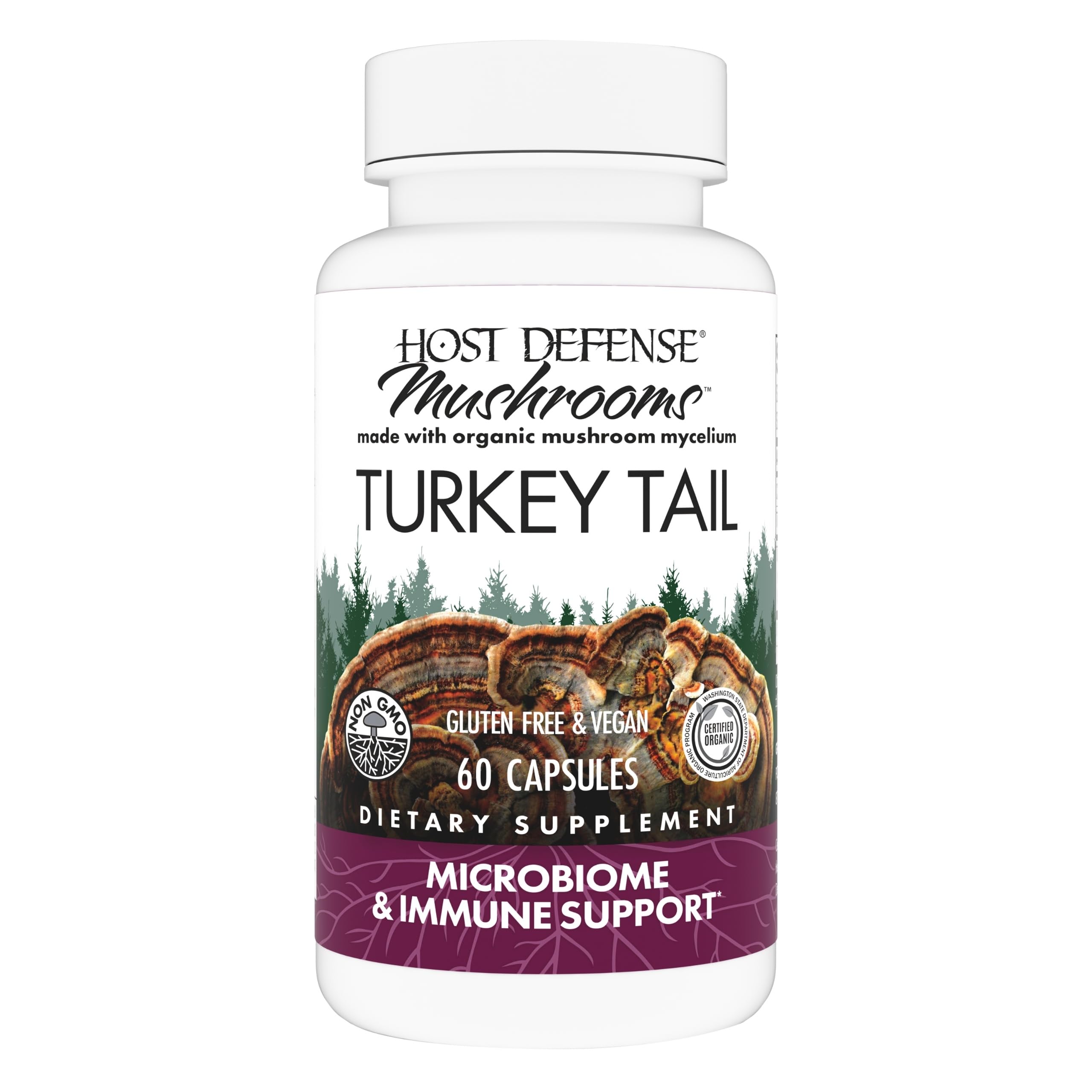 Host Defense Turkey Tail capsules bottle on shelf for daily digestive health support.