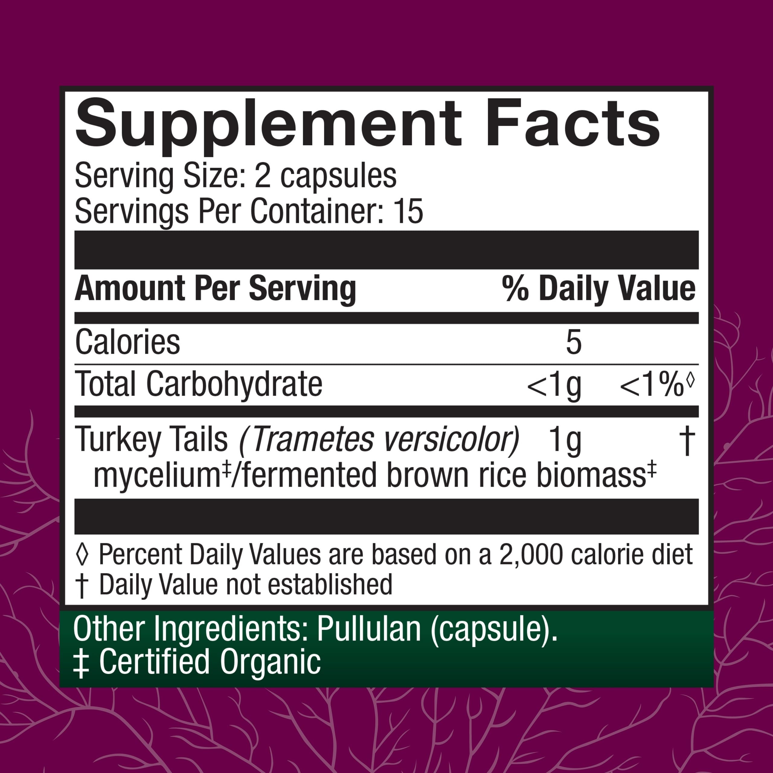 Host Defense label close-up showing organic mushroom mycelium and prebiotic blend.