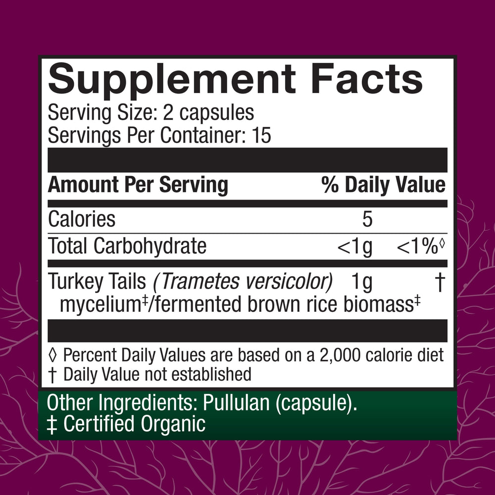 Host Defense label close-up showing organic mushroom mycelium and prebiotic blend.