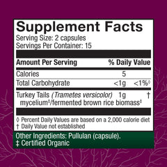Host Defense label close-up showing organic mushroom mycelium and prebiotic blend.