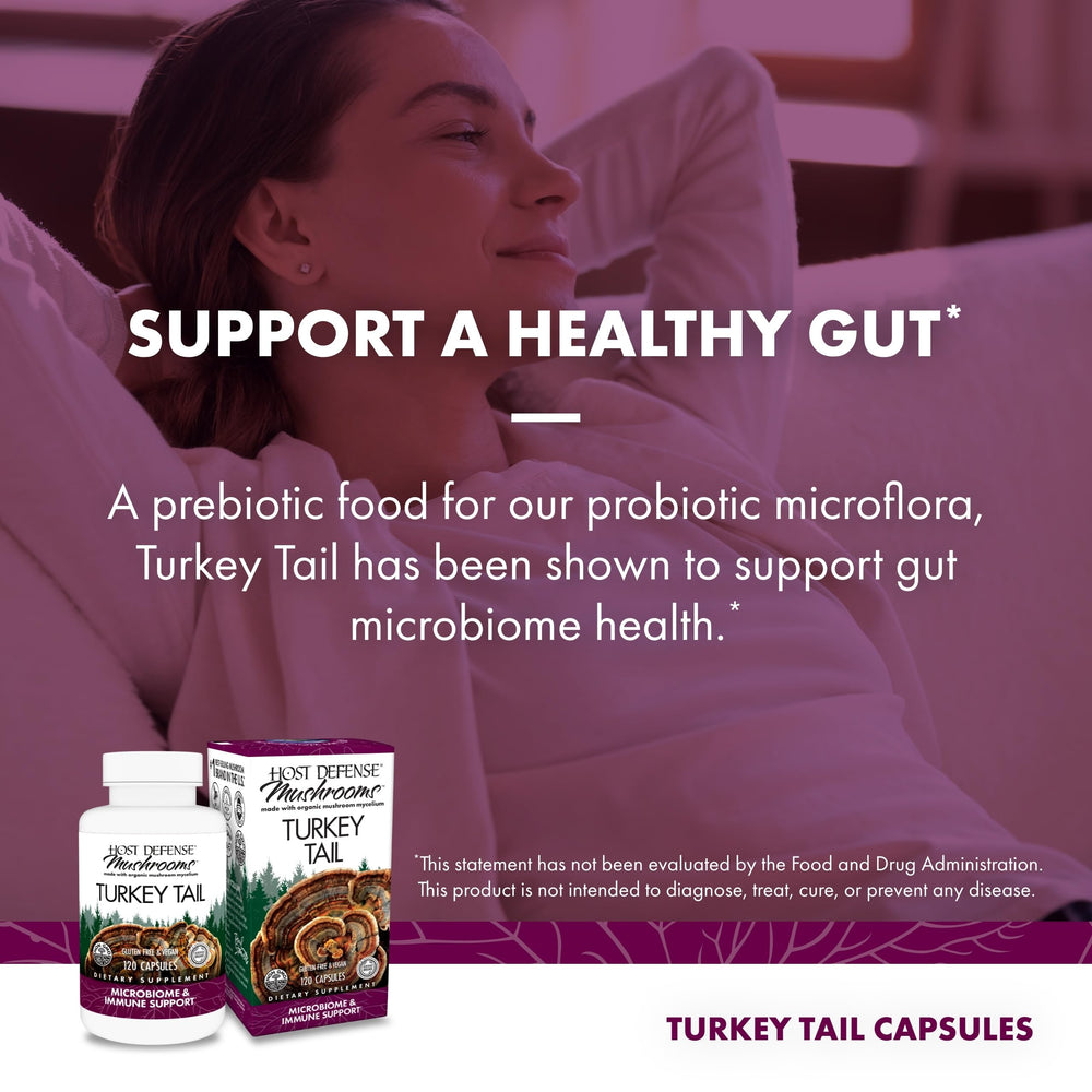 Host Defense Turkey Tail Capsules serving suggestion suggests taking two capsules daily with meals