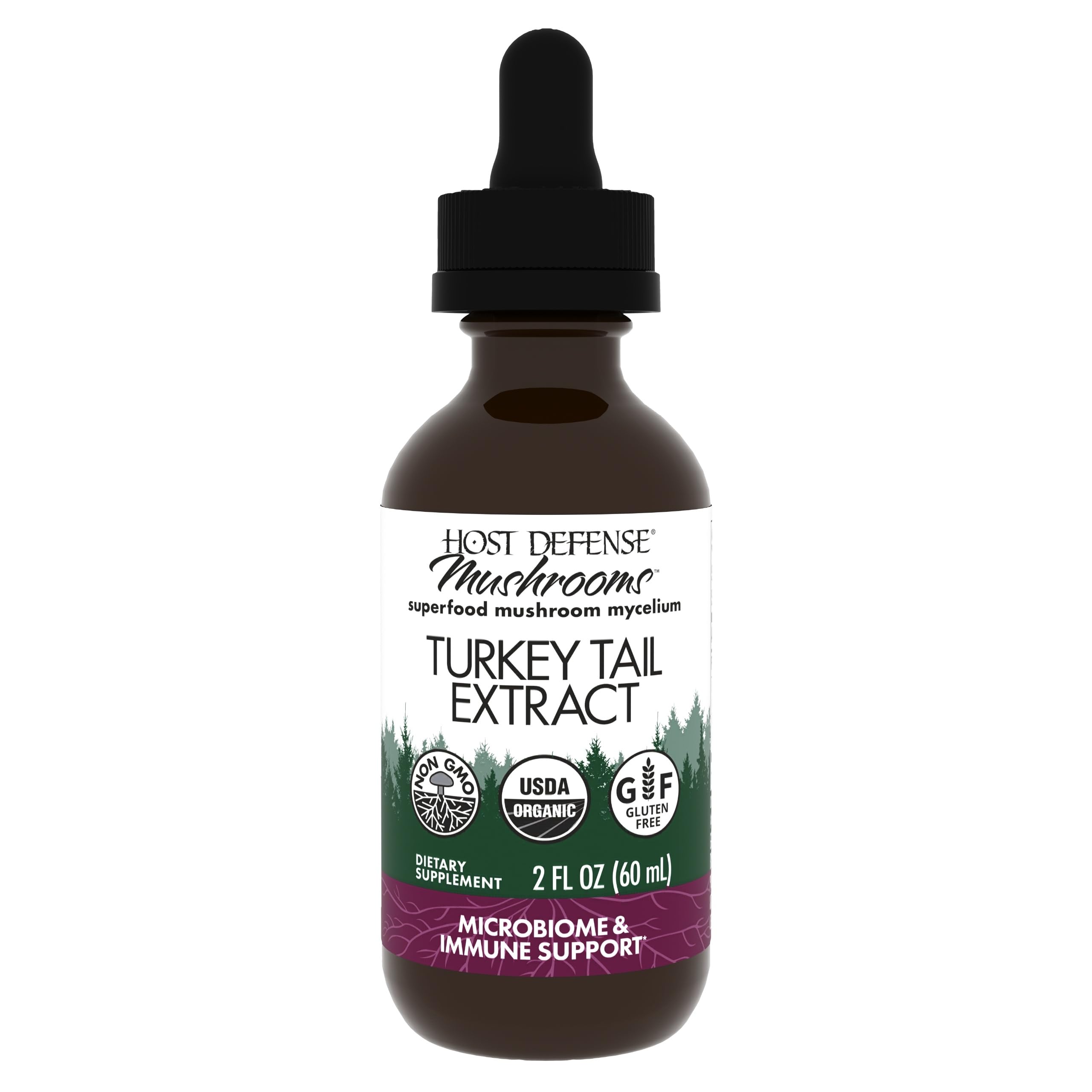 Host Defense Turkey Tail Extract bottle close-up; supports digestive balance with organic mushroom extract.