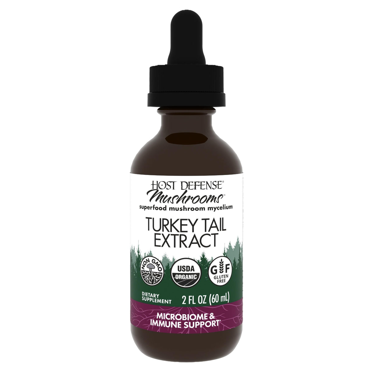 Host Defense Turkey Tail Extract bottle close-up; supports digestive balance with organic mushroom extract.