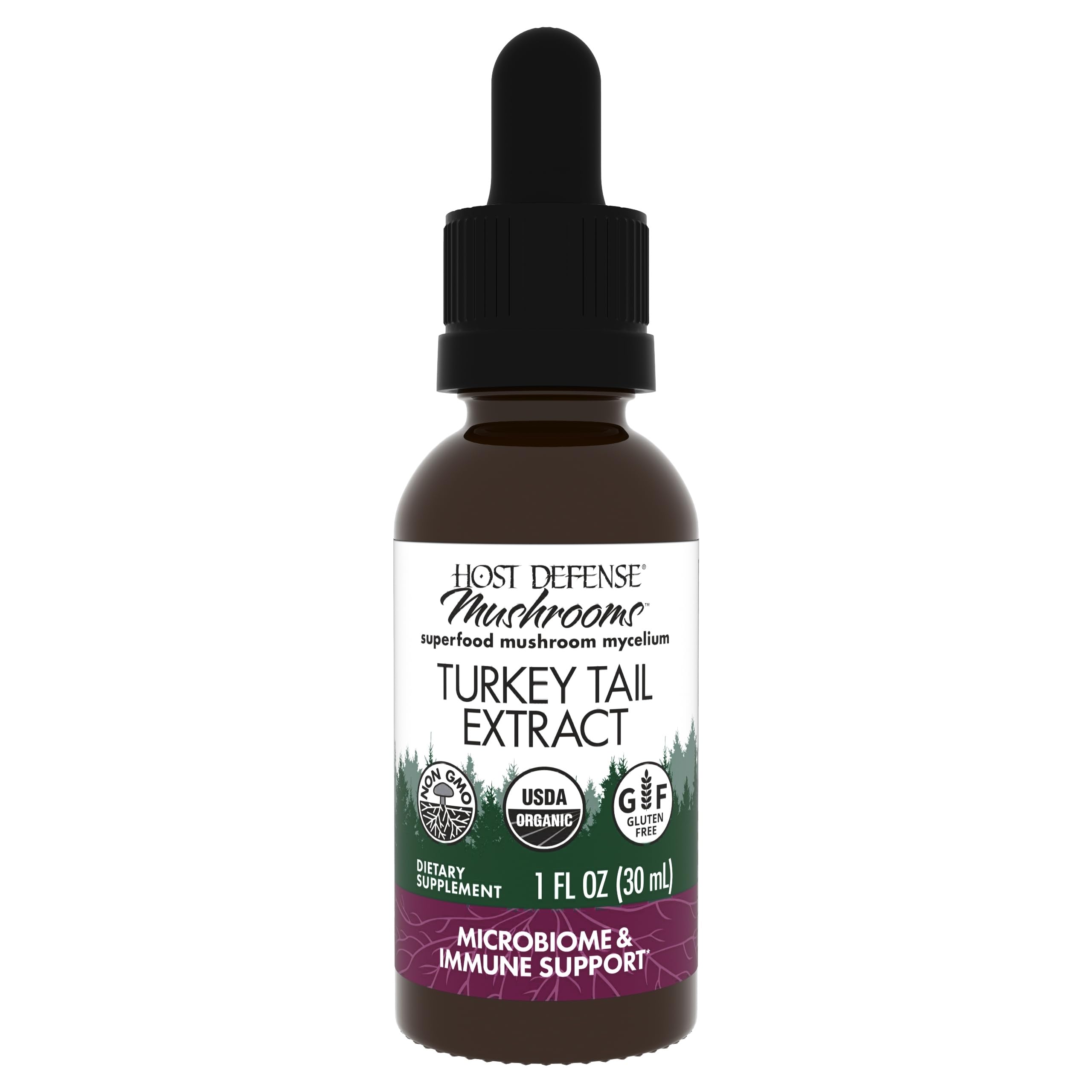 Host Defense Turkey Tail Extract bottle with label promotes digestive balance and immune support.