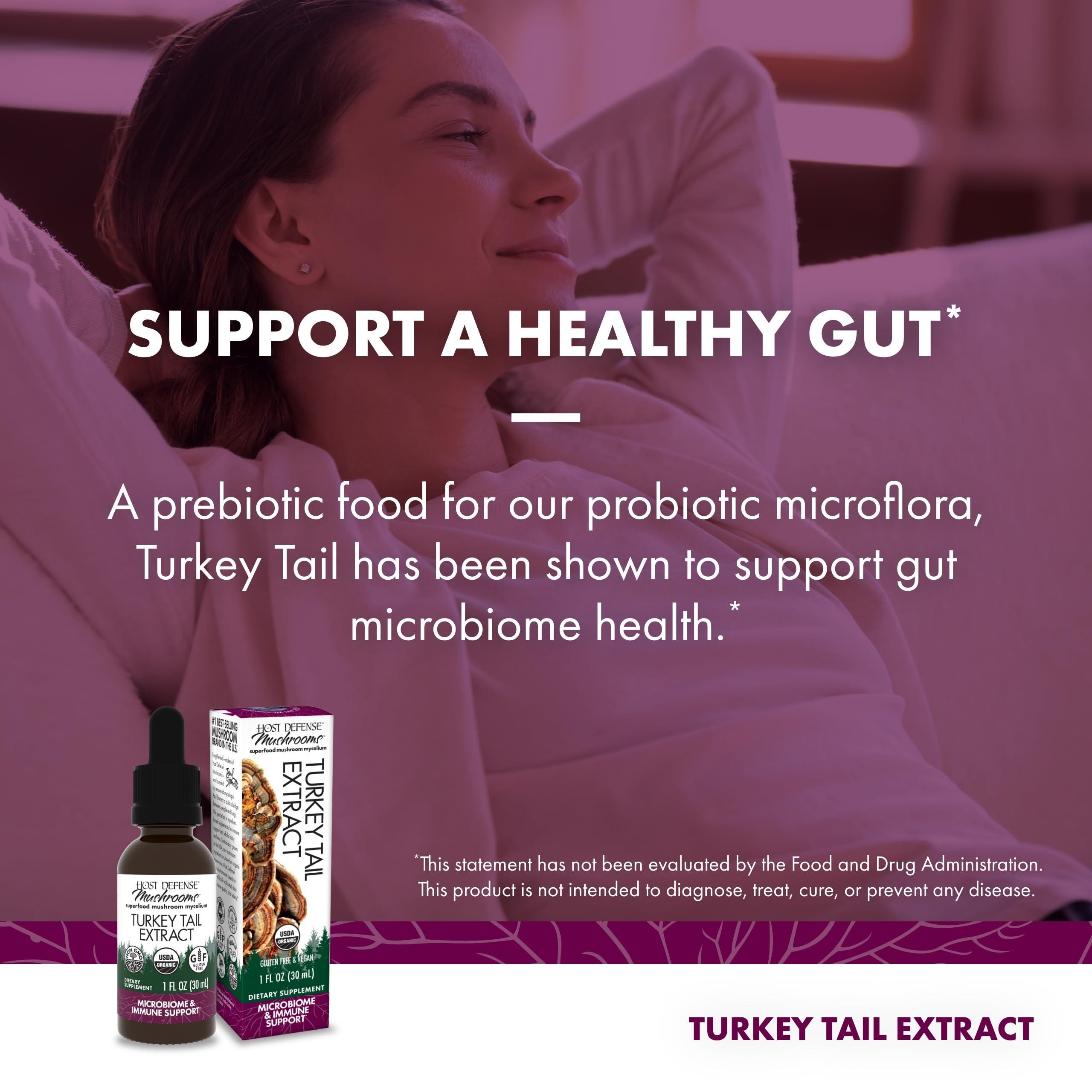 Host Defense Turkey Tail Extract pouring image demonstrates simple daily use.