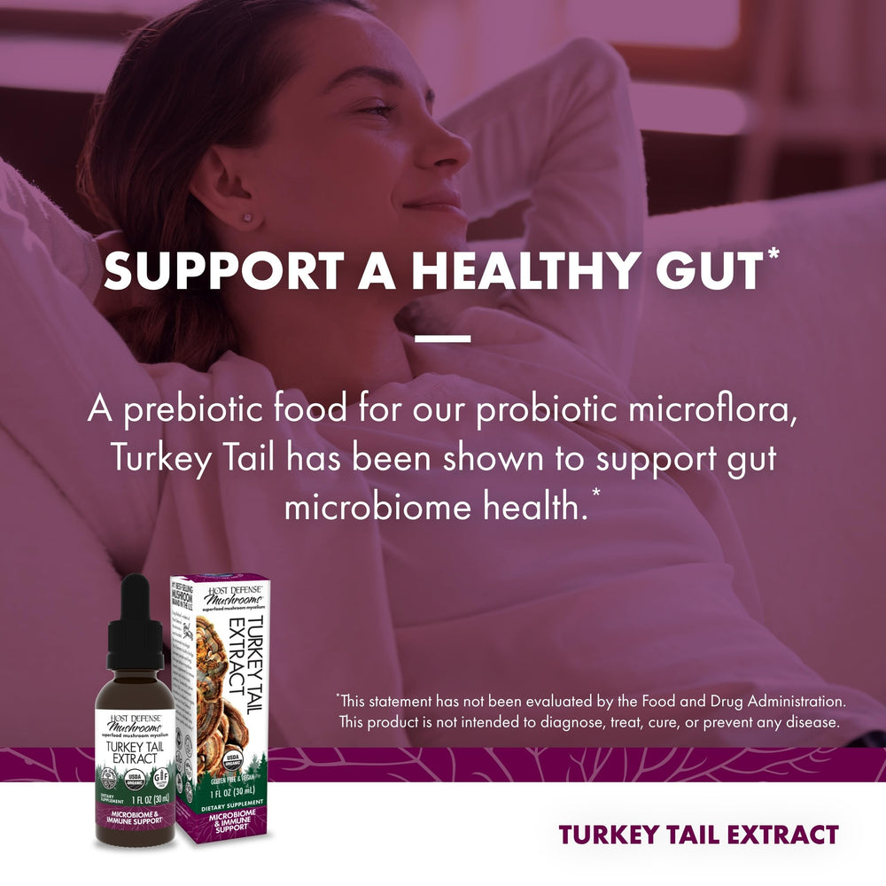 Host Defense Turkey Tail Extract pouring image demonstrates simple daily use.