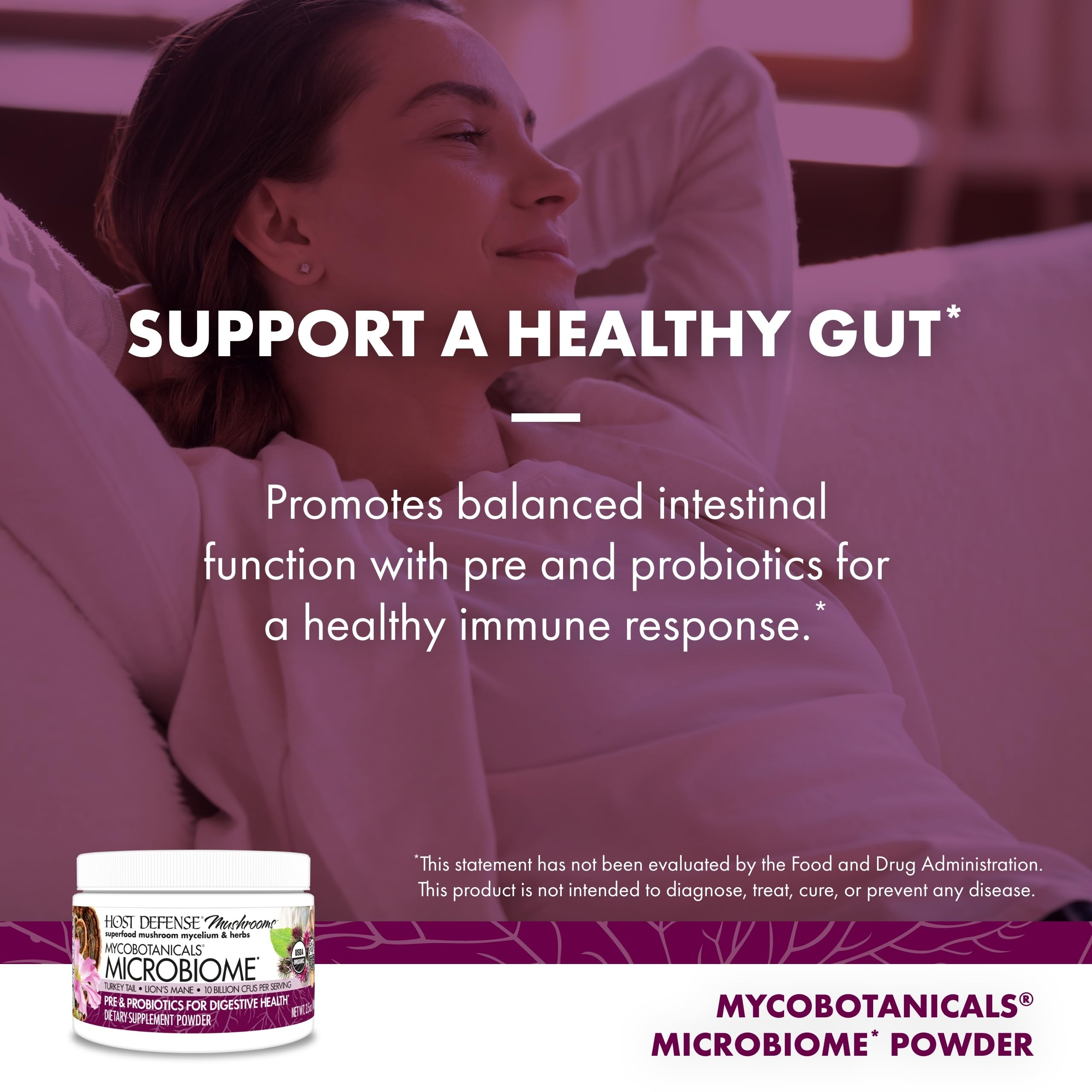 Host Defense turkey-tail mushroom image signals digestive health and stool balance.