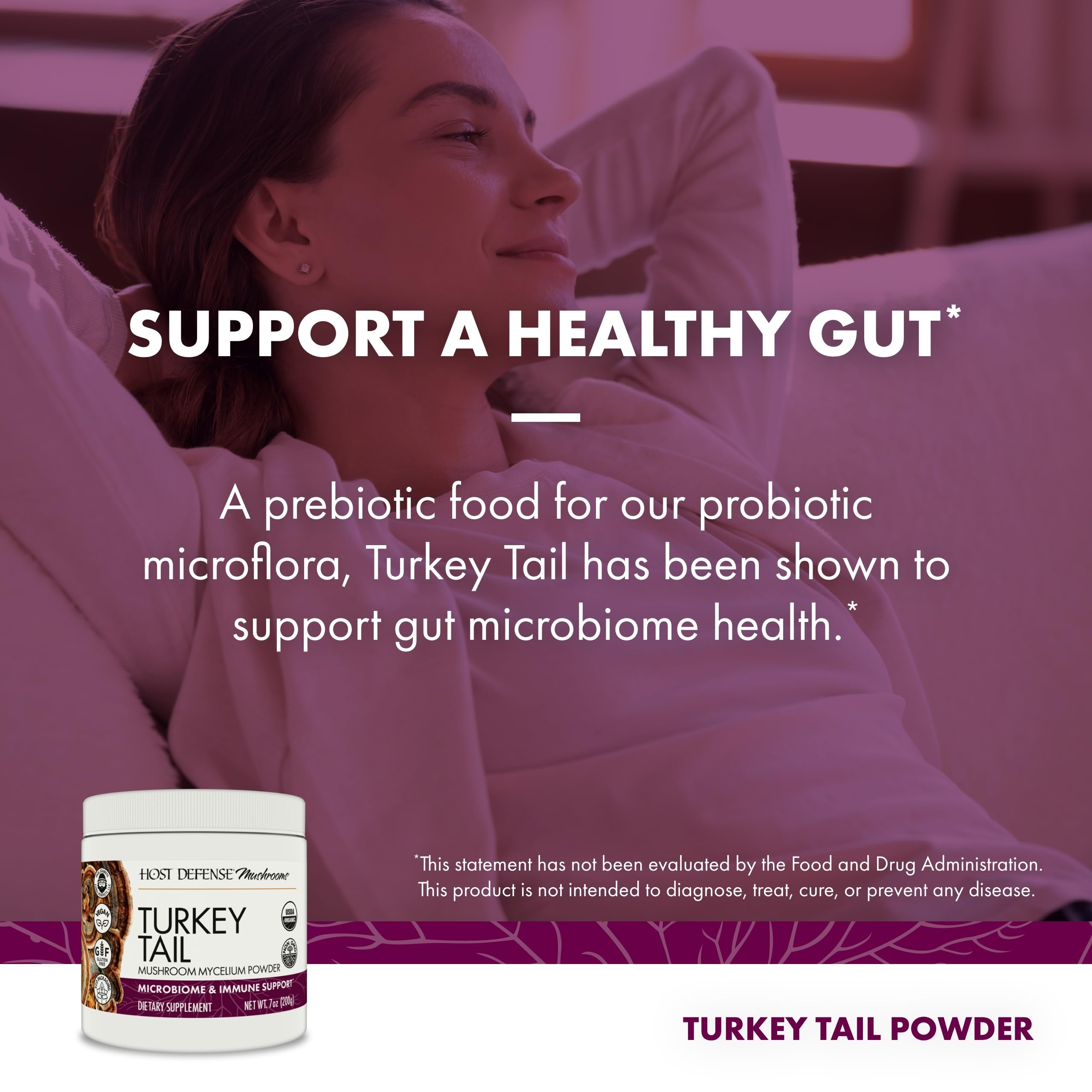 Host Defense Turkey Tail mushroom powder substrate closeup conveys natural fermentation and quality mycelium