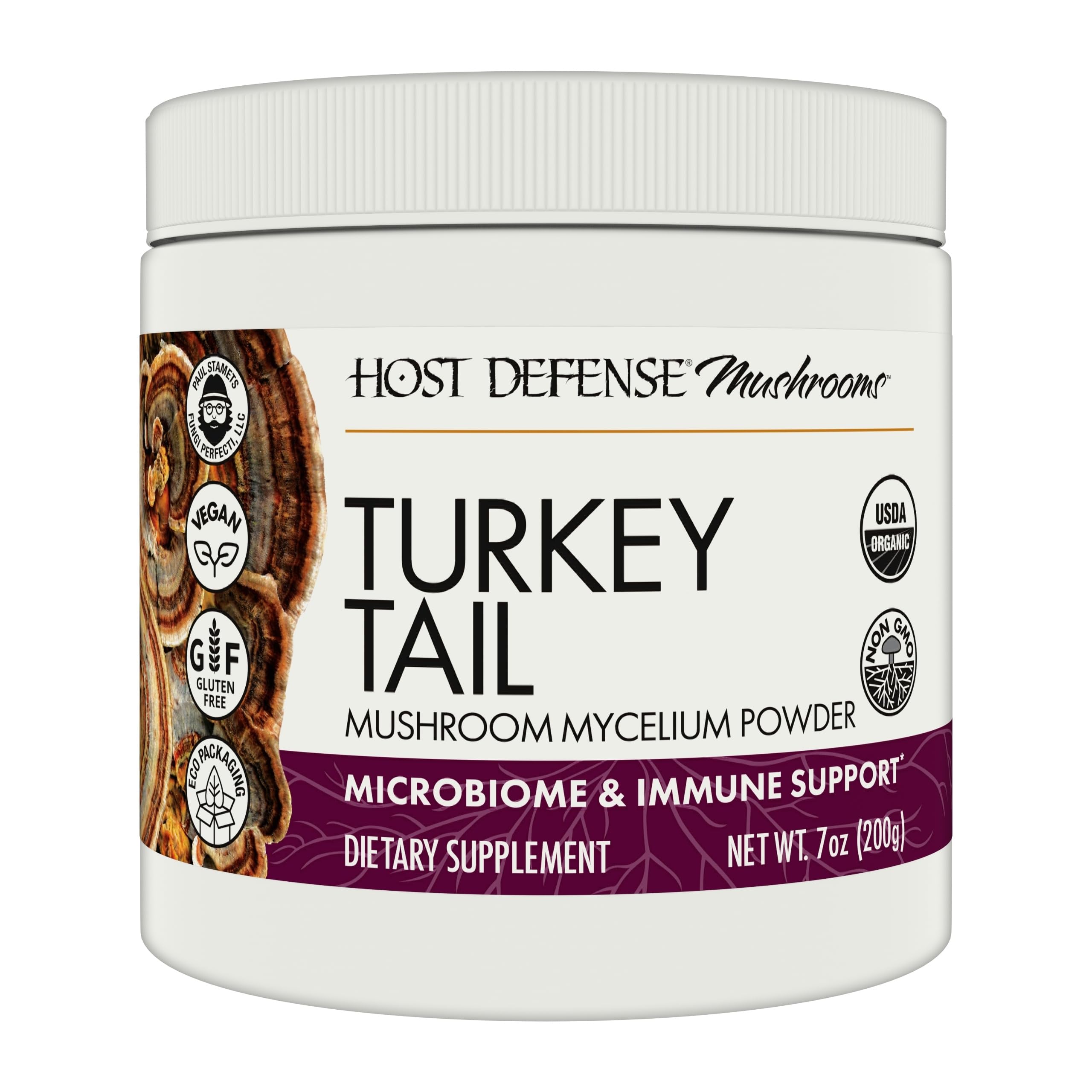 Host Defense Turkey Tail powder bottle shows premium mushroom blend for digestive health support