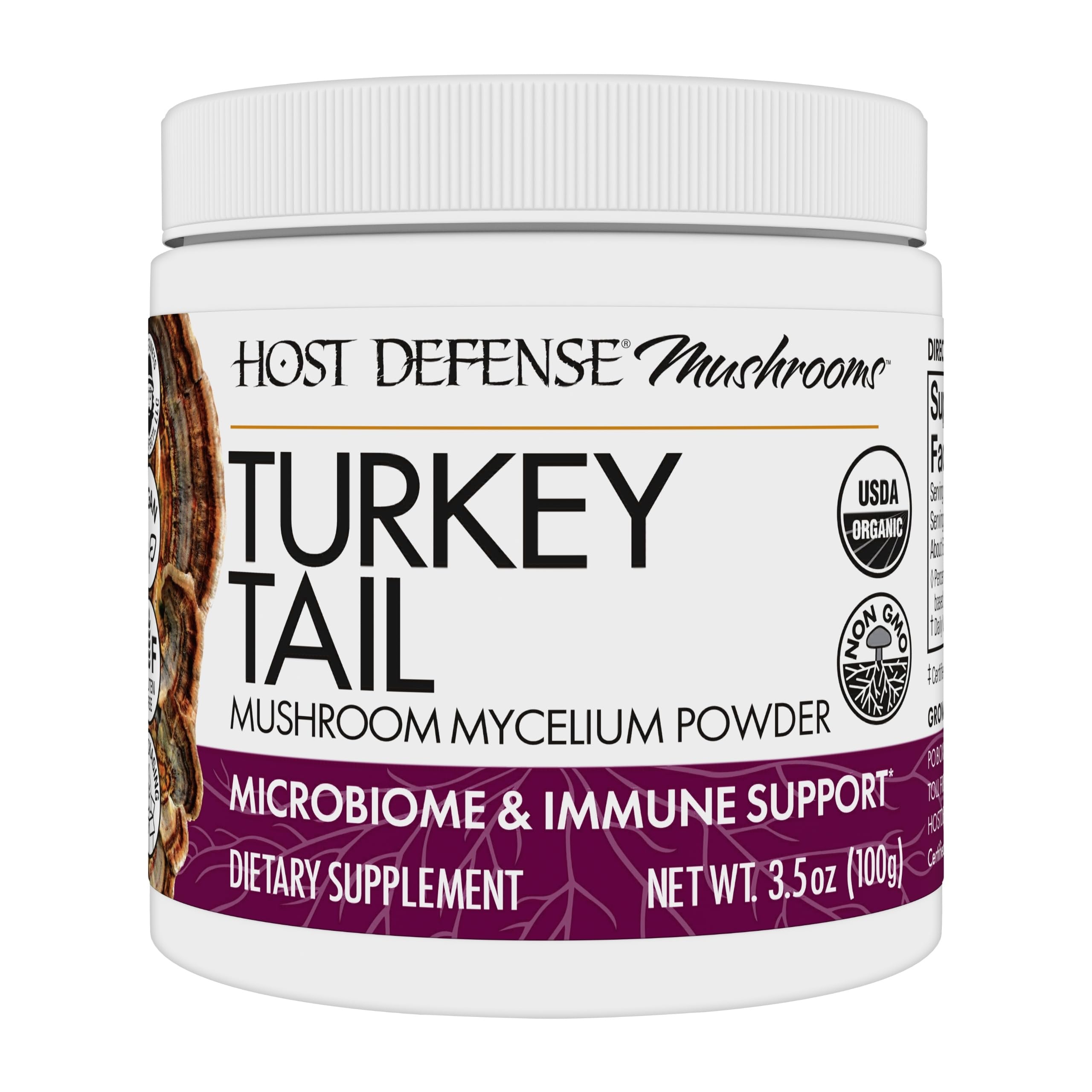 Host Defense Turkey Tail powder bottle shows premium, gut-friendly mushroom blend for daily support.