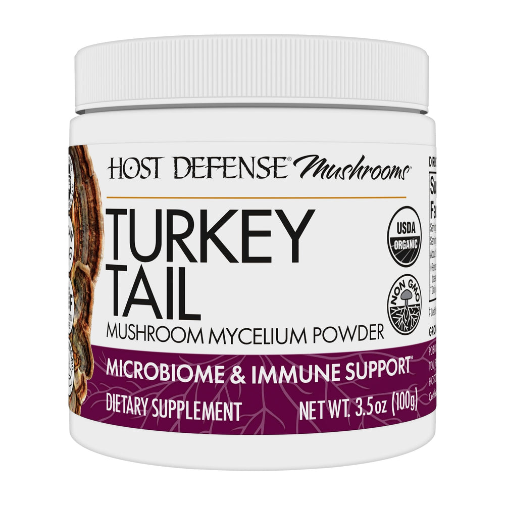 Host Defense Turkey Tail powder bottle shows premium, gut-friendly mushroom blend for daily support.