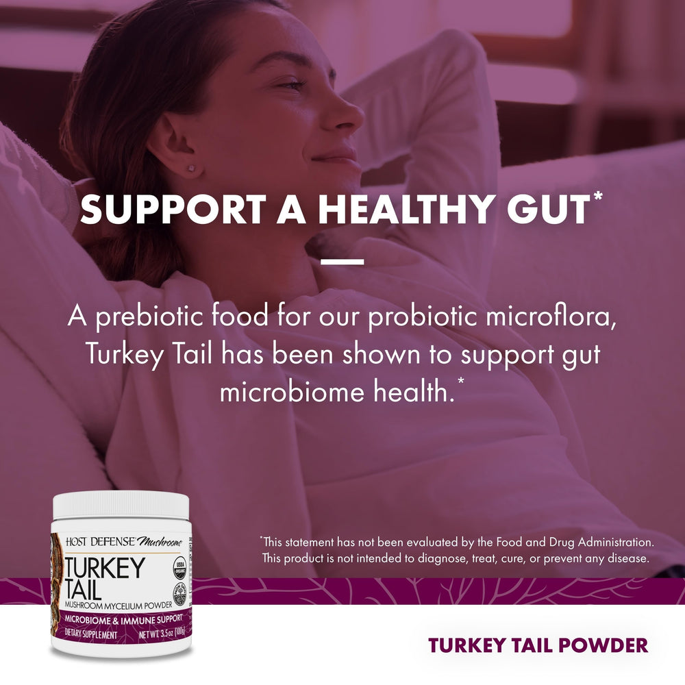 Host Defense Turkey Tail powder digestive-health focus supports gut harmony and microbiome balance.