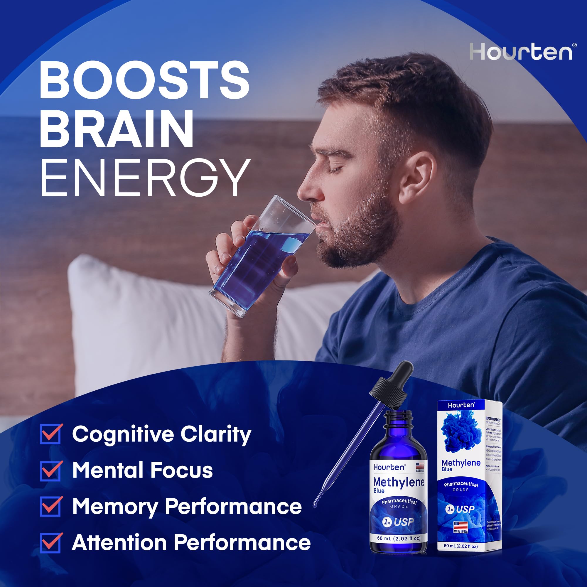 Hourten Methylene Blue Drops dropper close-up shows precise dosing