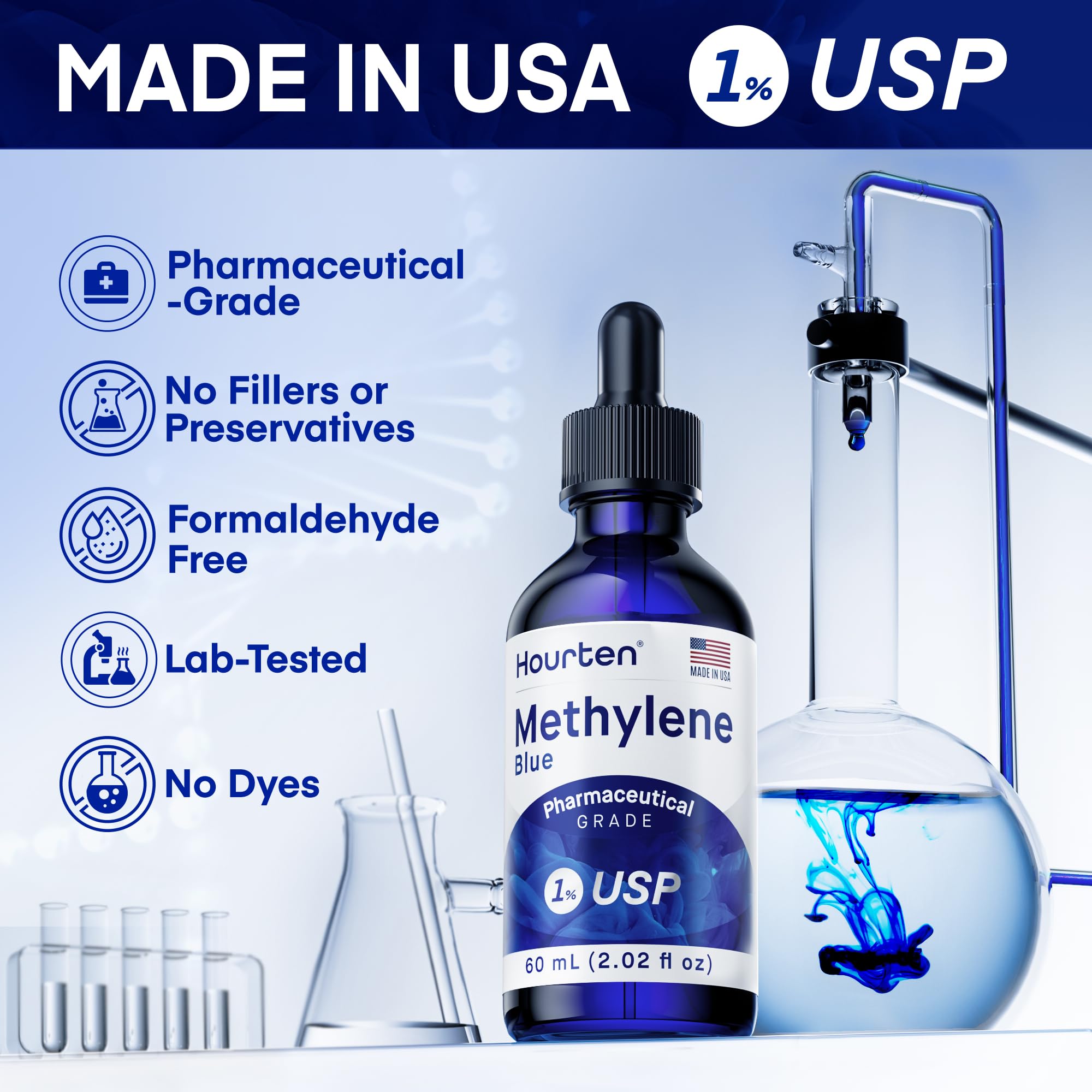 Hourten Methylene Blue Drops 1% USP label indicates purity and strength