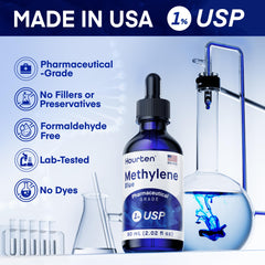 Hourten Methylene Blue Drops 1% USP label indicates purity and strength