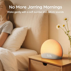 HOUSBAY Sunrise Alarm Clock bedroom scene showing a calm, clutter-free nightstand.