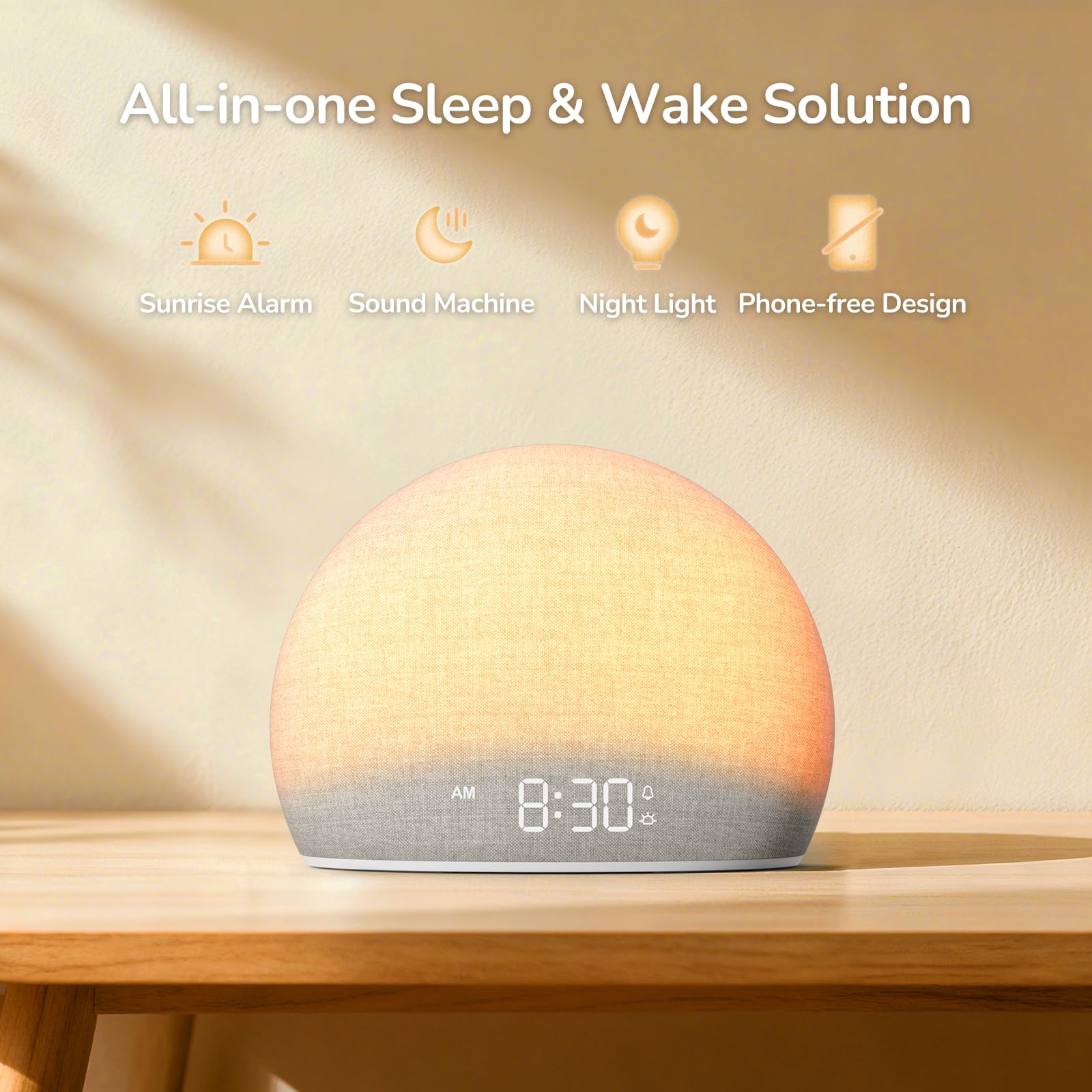 HOUSBAY Sunrise Alarm Clock dim display aids restful nights with minimal light.