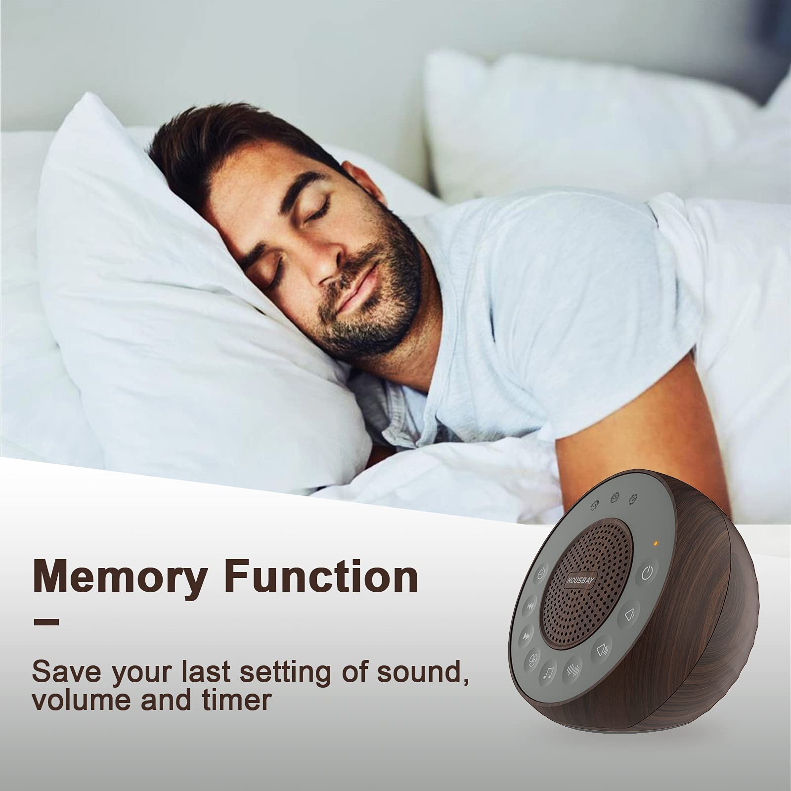HOUSBAY device on a bedside table with soft glow and timer options