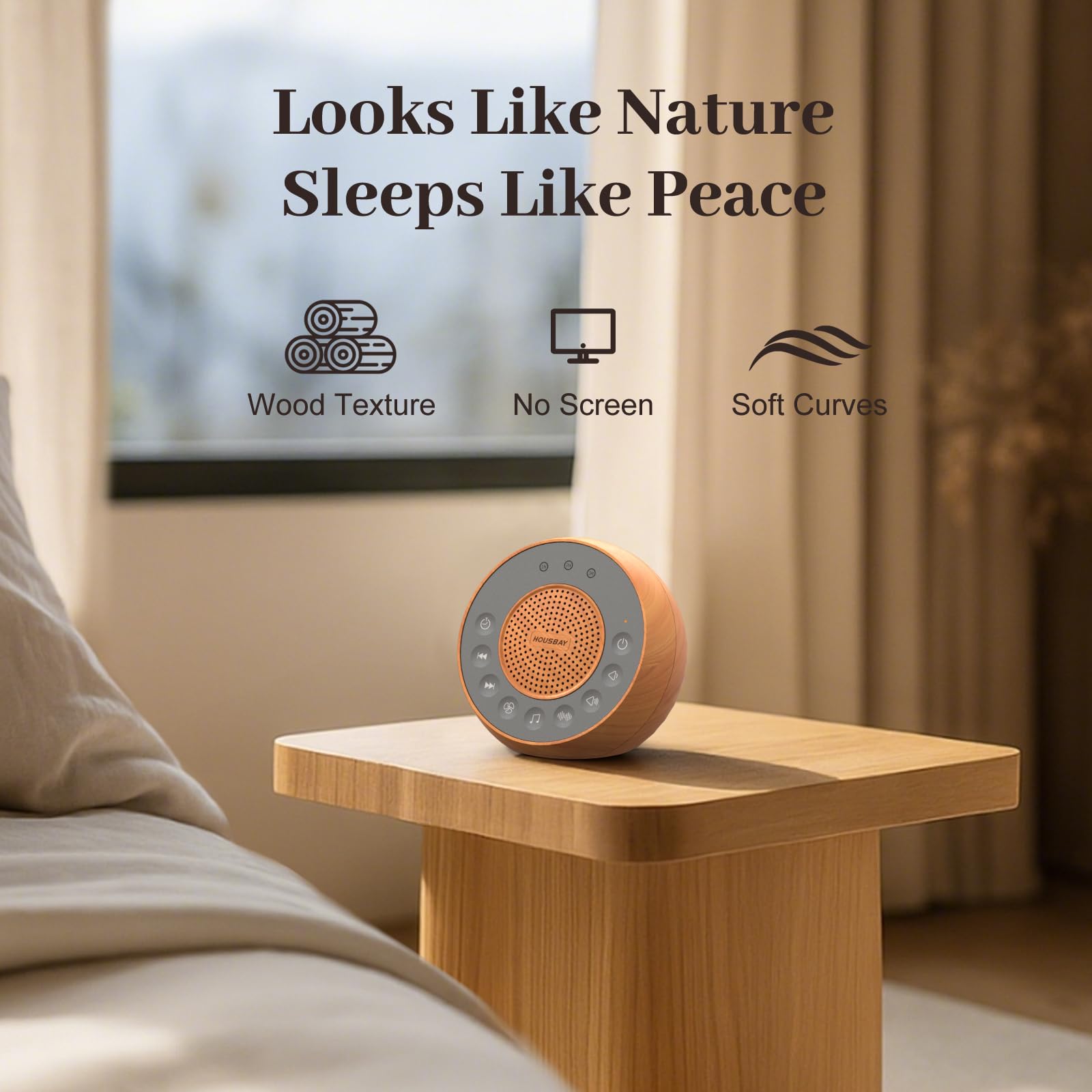 HOUSBAY wood texture product close-up shows calming design.