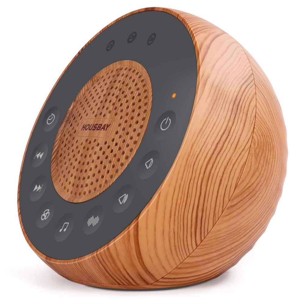 HOUSBAY white noise machine in wood grain — front view promoting peaceful sleep.