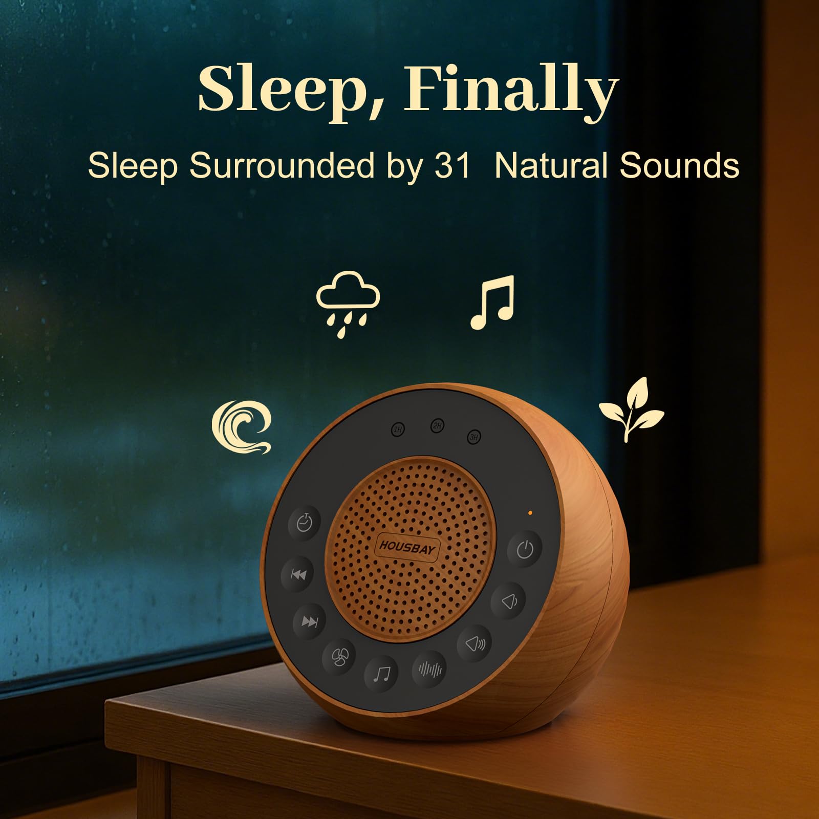 HOUSBAY wood grain side view emphasizes portable bedside sound therapy.