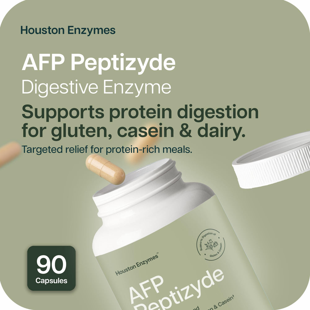 Houston Enzymes AFP Peptizyde capsules close-up showing stable proteases.