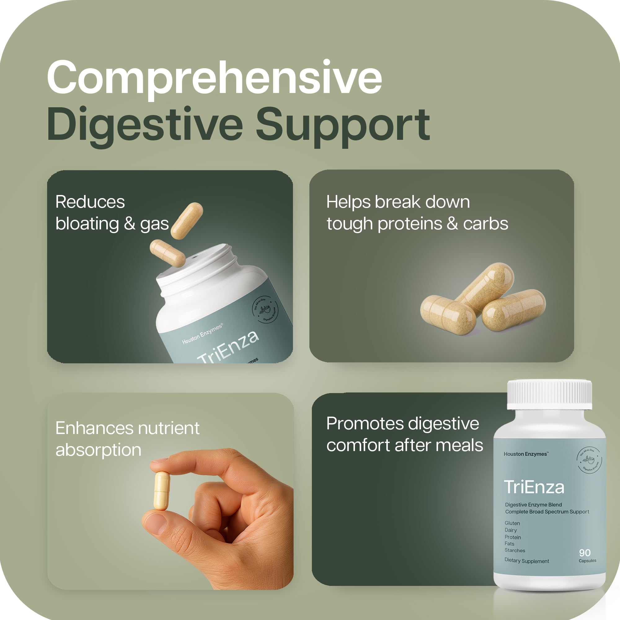 Houston Enzymes AFP Peptizyde capsules poured into hand for convenient dosing.