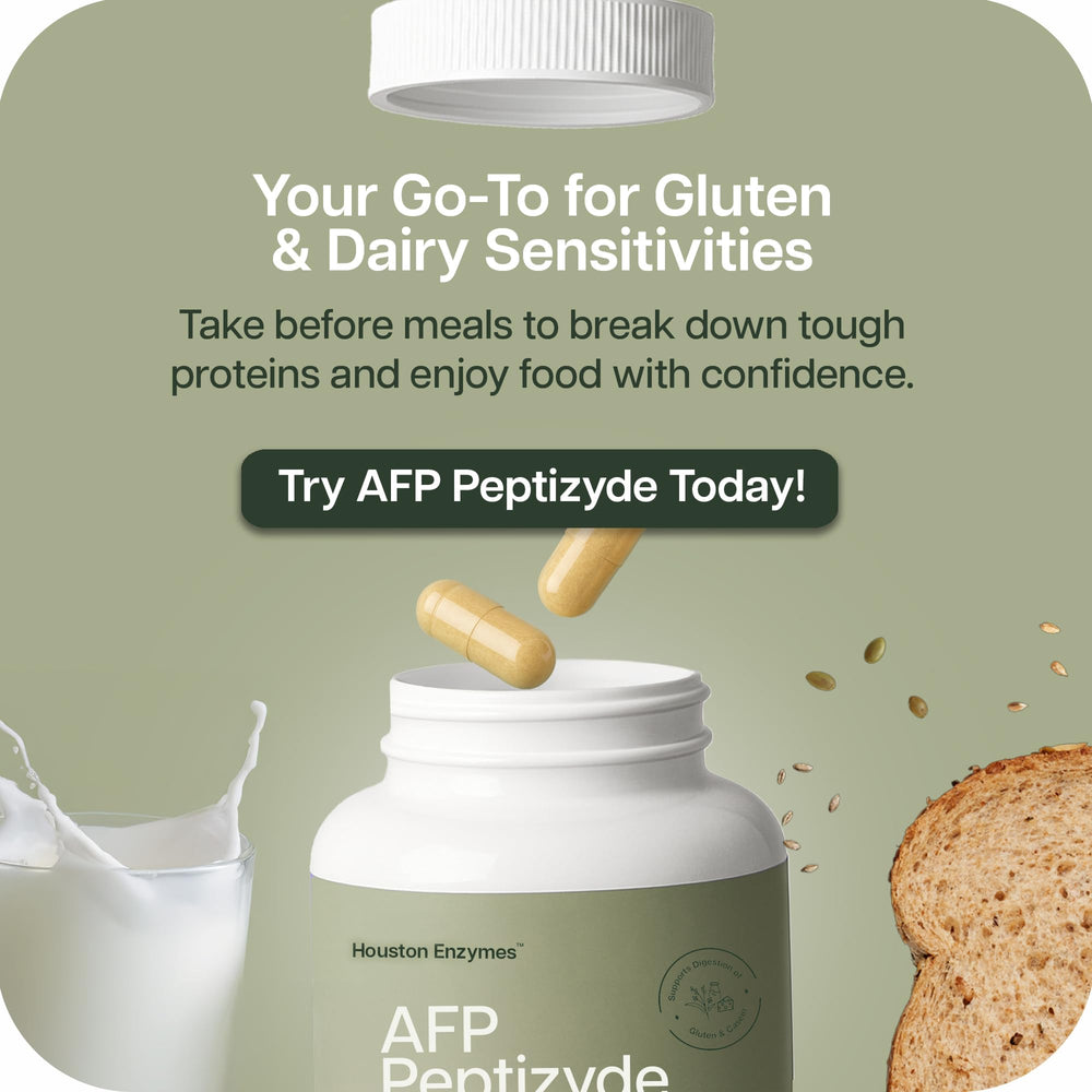 Houston Enzymes AFP Peptizyde digestive process visualization in product context.