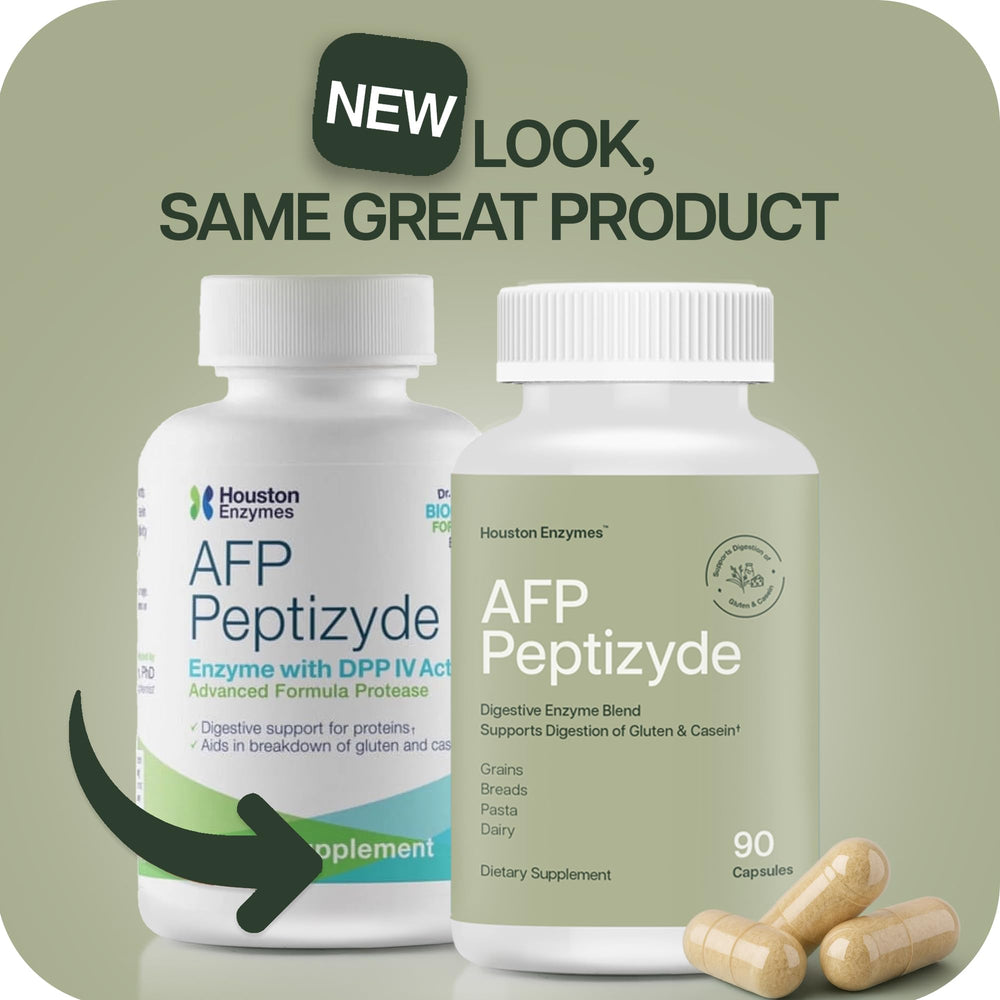 Houston Enzymes AFP Peptizyde bottle ready to mix into meals or beverages.