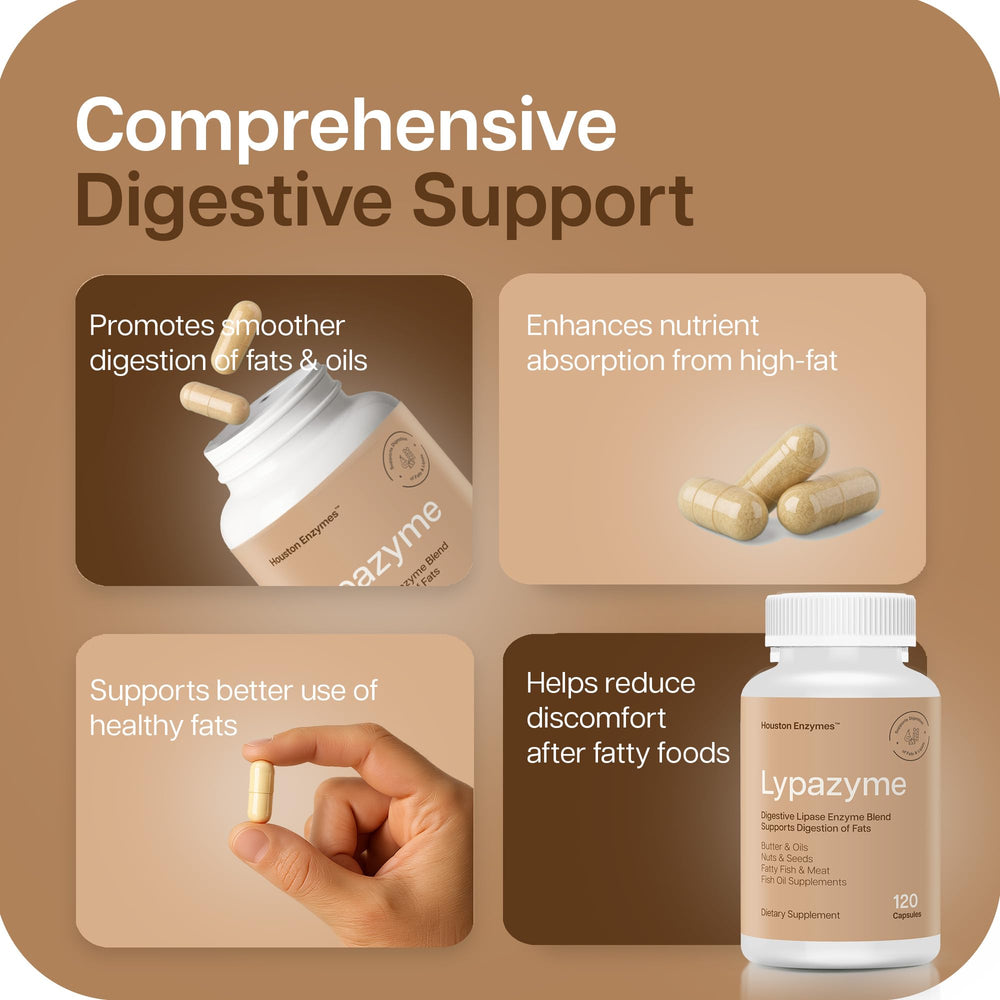 Houston Enzymes Lypazyme bottle on kitchen counter suggests daily routine.