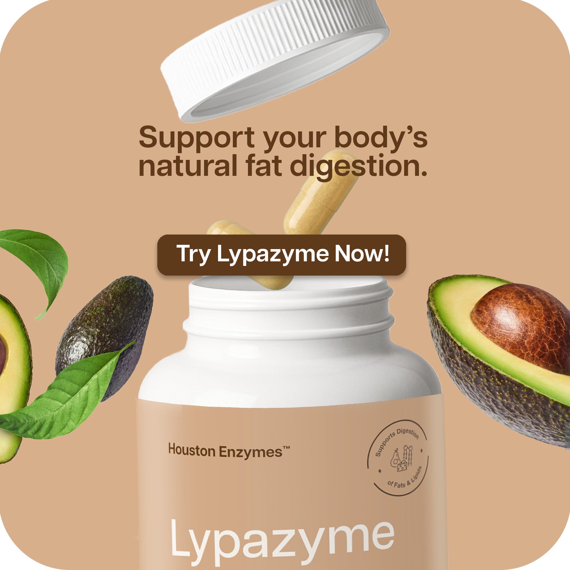 Houston Enzymes Lypazyme bottle on white background indicates compact size for travel.