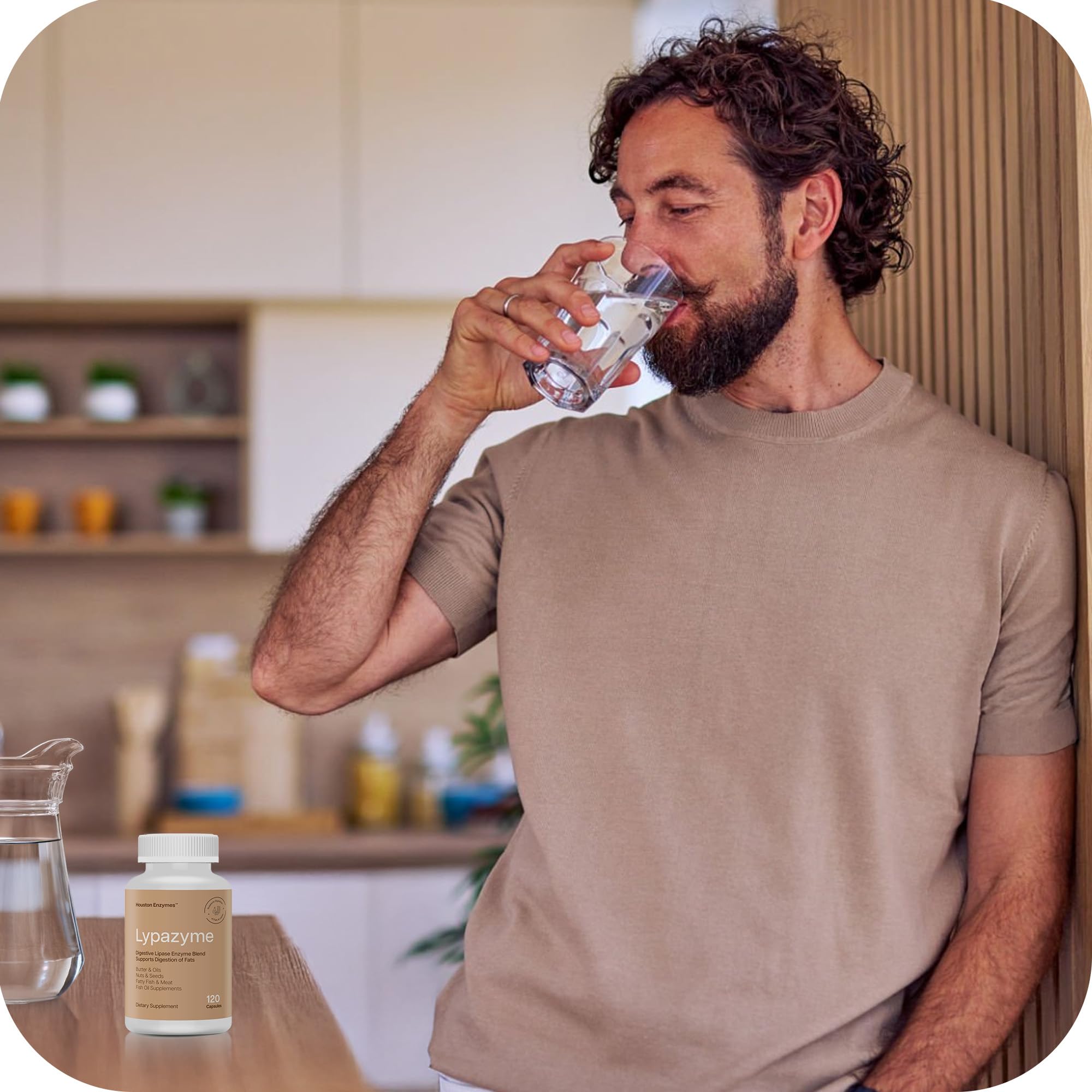 Houston Enzymes Lypazyme bottle with fish oil context suggests compatibility with high-fat meals.