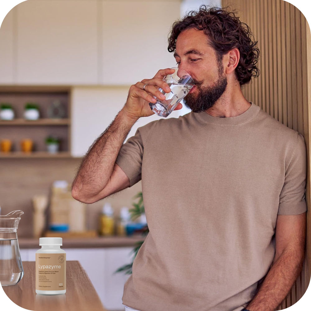 Houston Enzymes Lypazyme bottle with fish oil context suggests compatibility with high-fat meals.