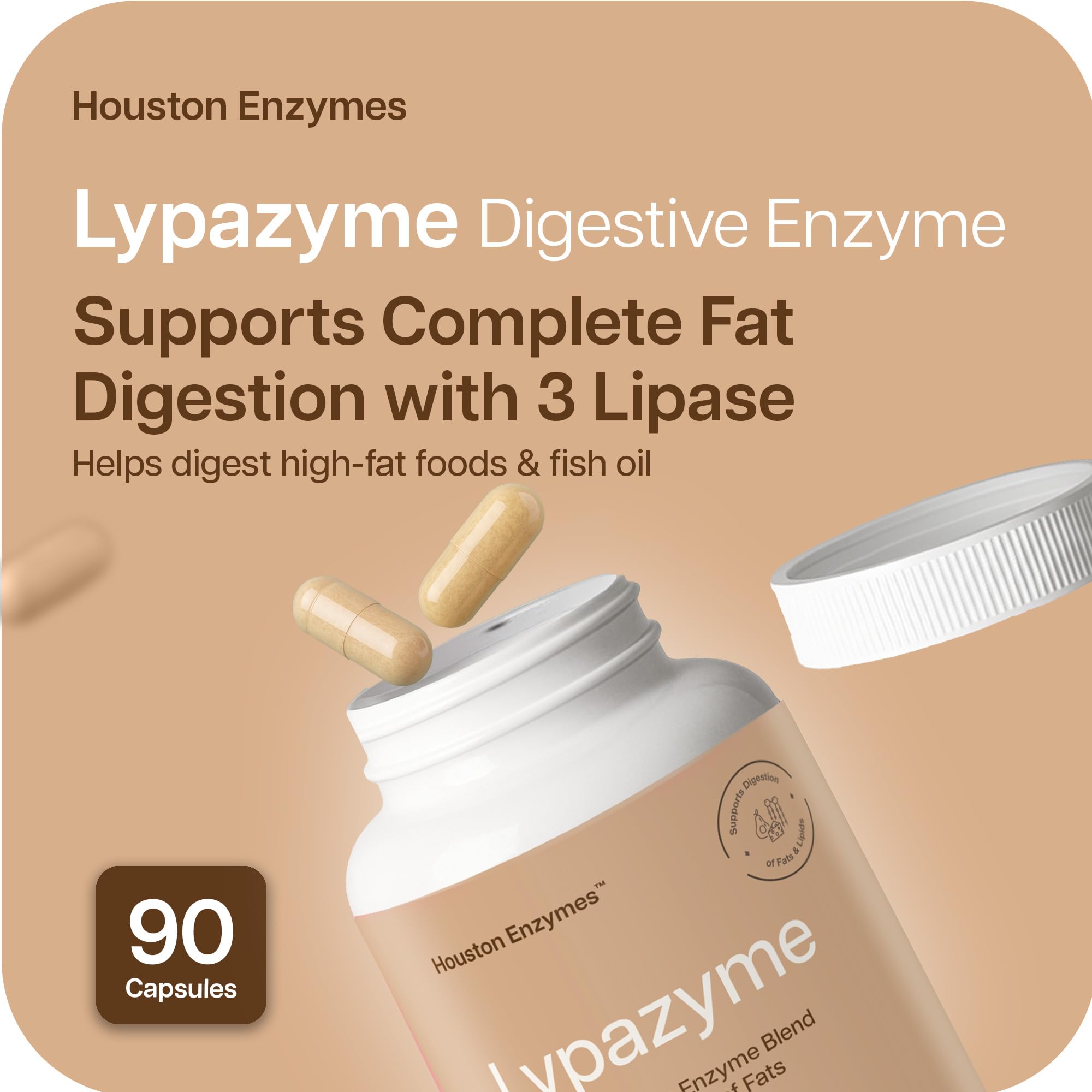 Houston Enzymes Lypazyme capsules closeup highlights small easy-to-swallow size.