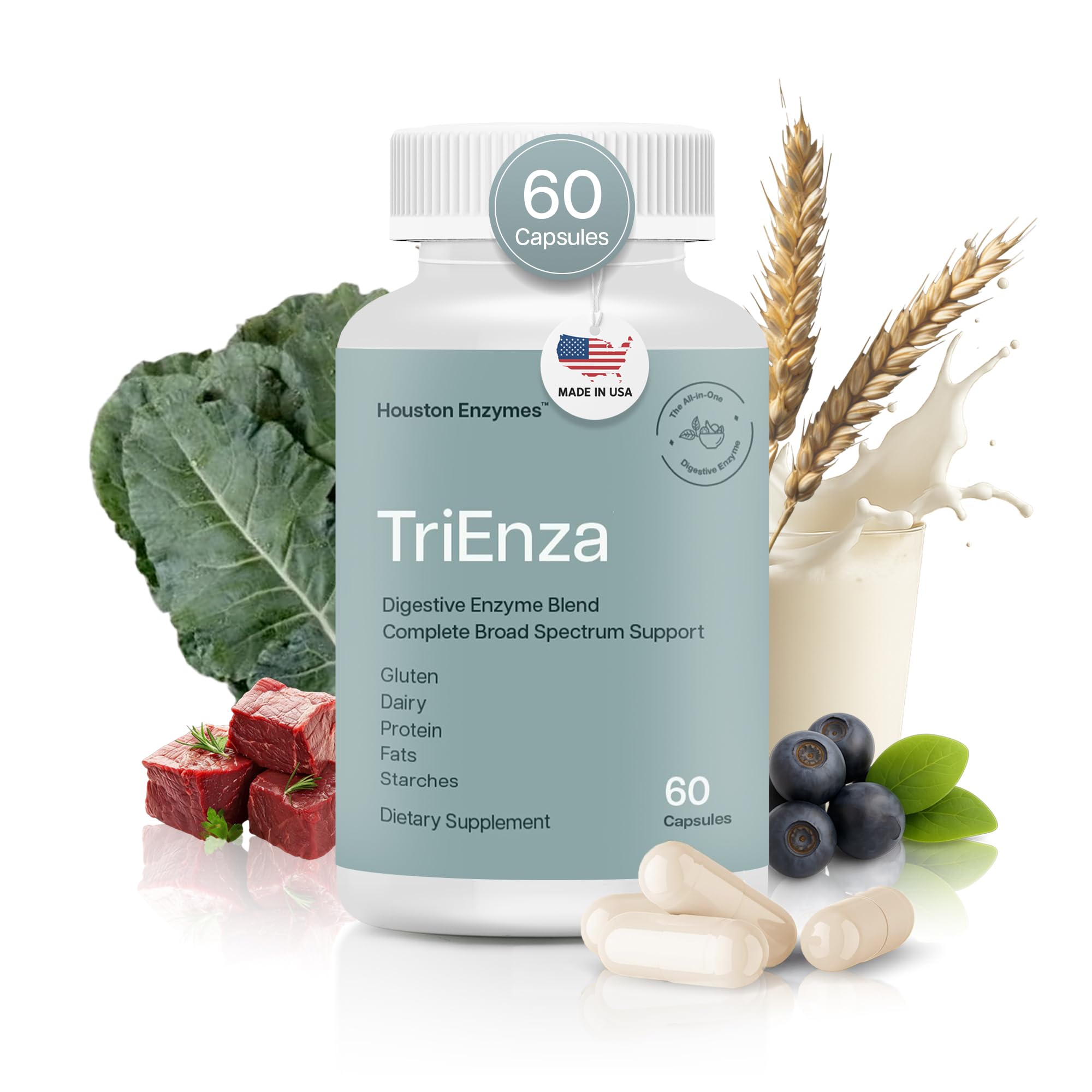Houston Enzymes TriEnza bottle with capsules supports broad digestion