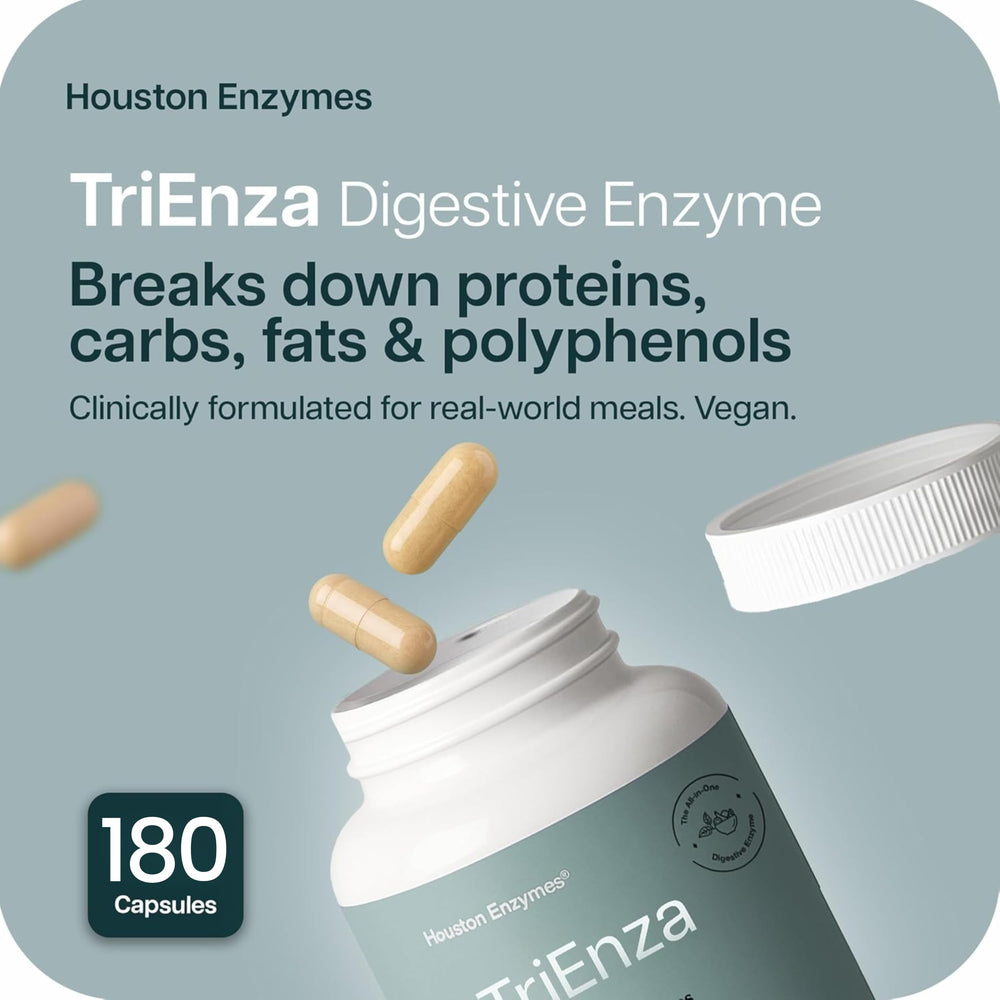 TriEnza capsules shown for protein breakdown from common foods