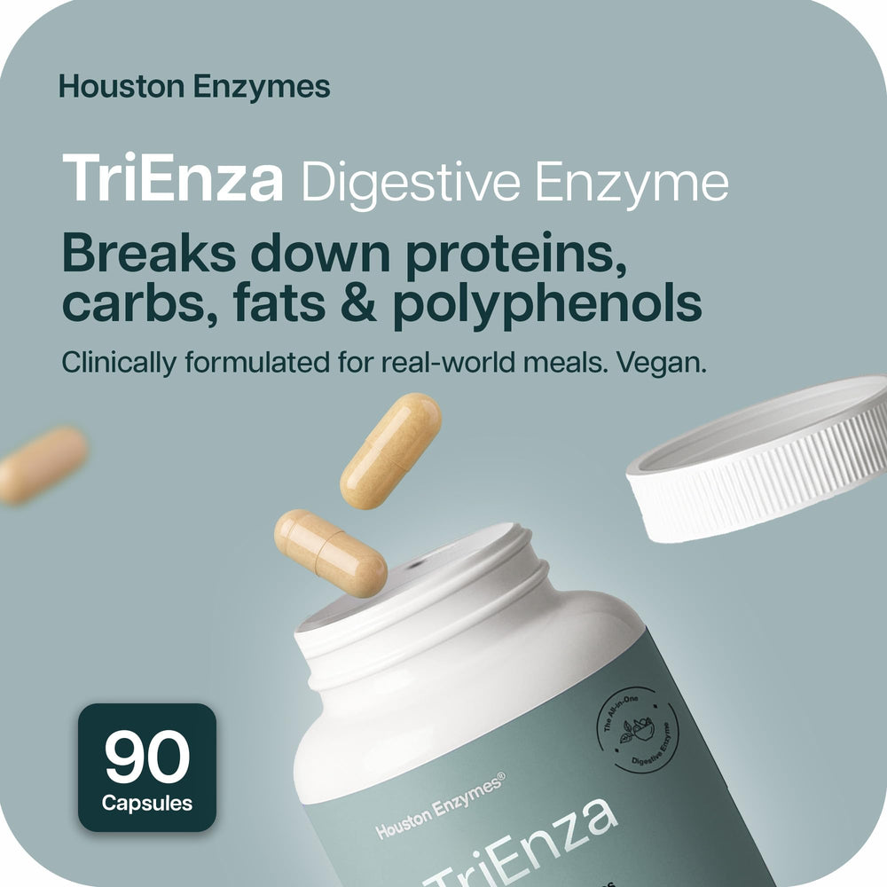 Houston Enzymes TriEnza capsules in bottle aiding protein digestion after meals