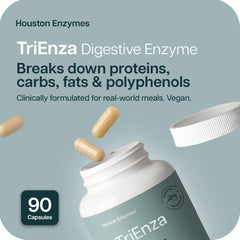 Houston Enzymes TriEnza capsules in bottle aiding protein digestion after meals