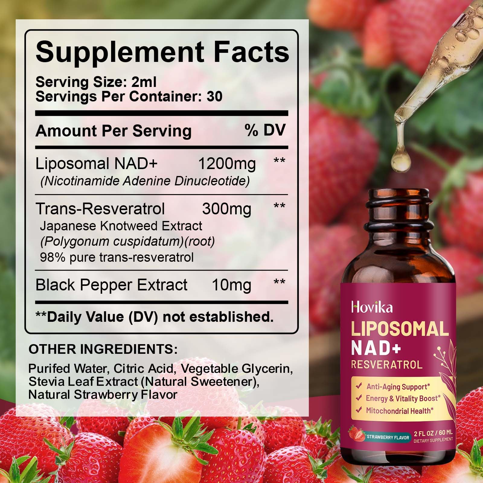 Hovika NAD drops in a glass highlight rapid absorption and cellular support.