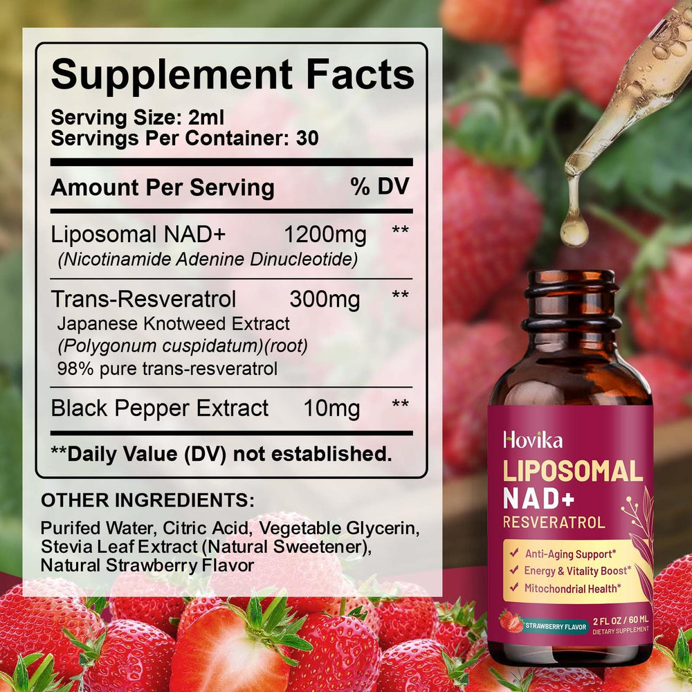 Hovika NAD drops in a glass highlight rapid absorption and cellular support.