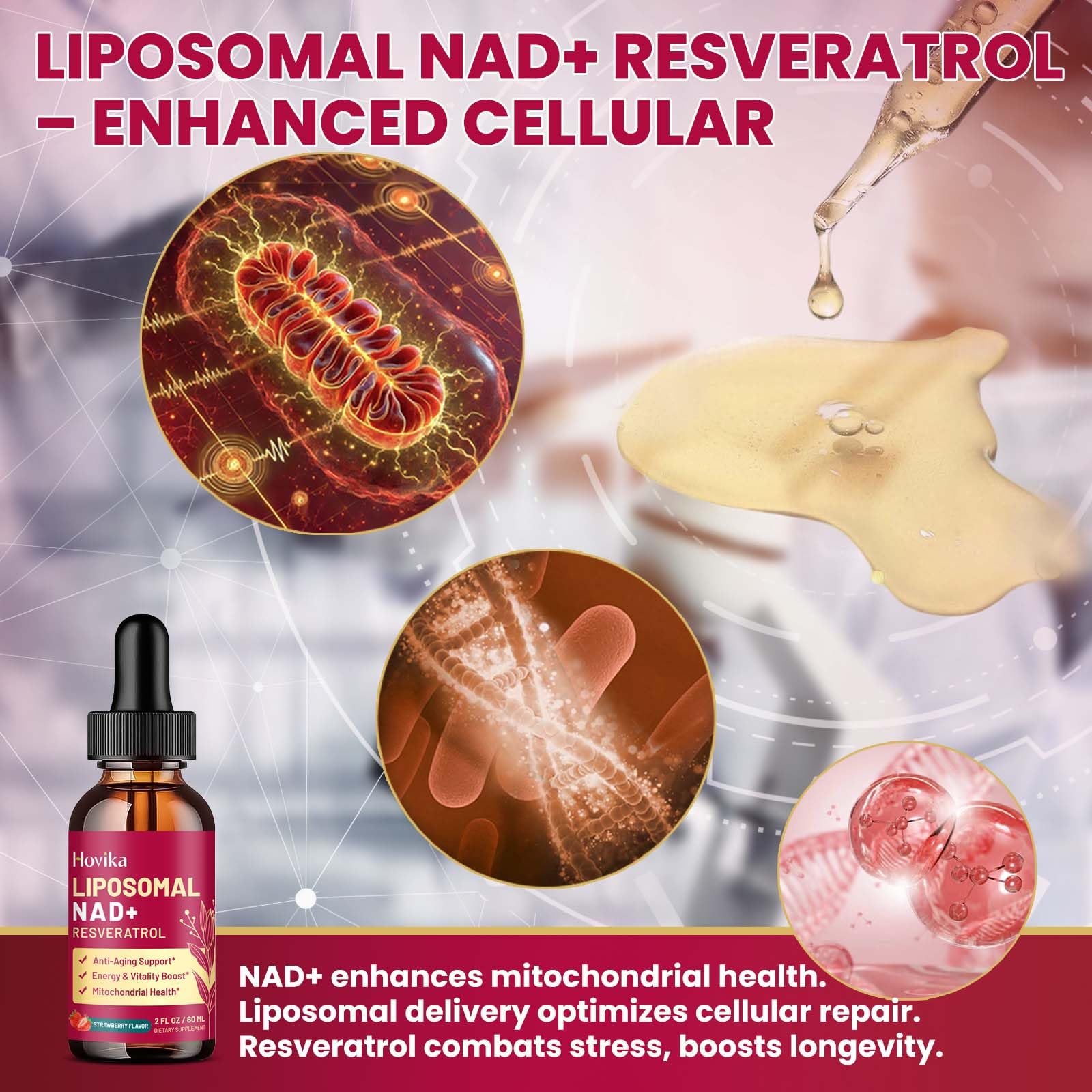 Hovika liposomal NAD formula illustration emphasizes potential anti-aging cellular energy.