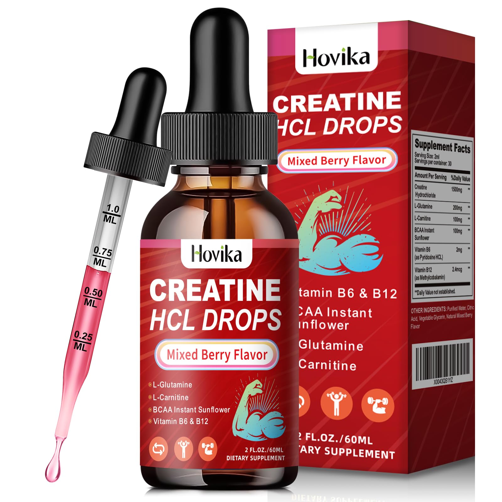 Hovika Creatine HCL Liquid Drops bottle pour showing convenient workout dosing