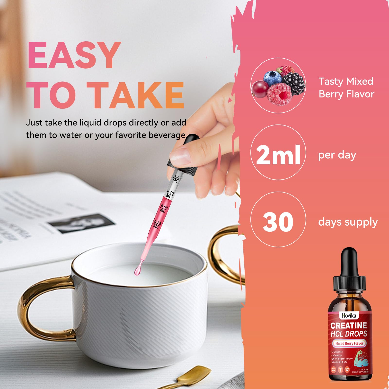 Hovika Creatine HCL Liquid Drops drops in beverage highlighting vegan formula