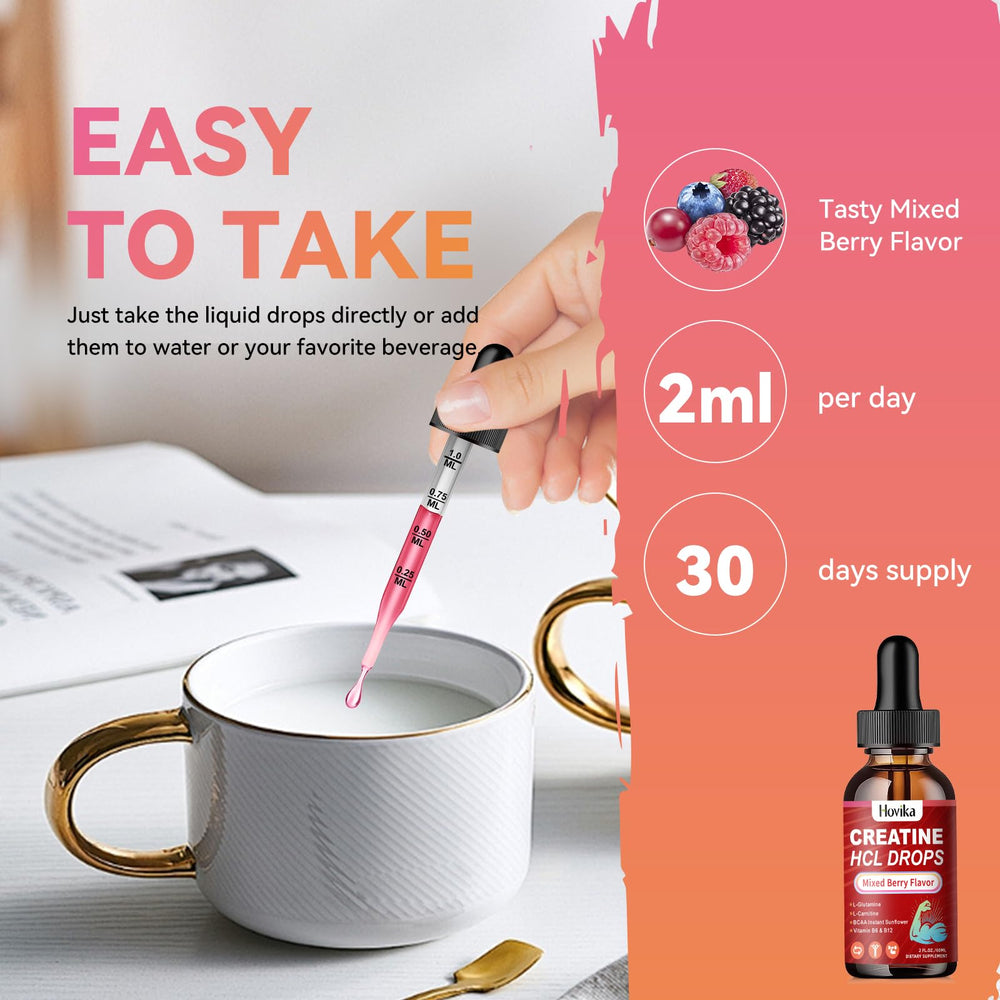 Hovika Creatine HCL Liquid Drops drops in beverage highlighting vegan formula