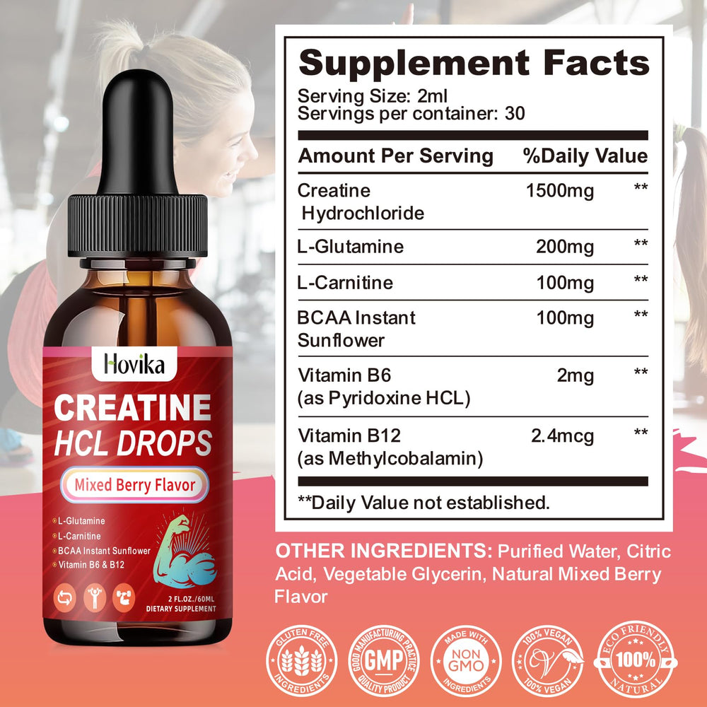 Hovika Creatine HCL Liquid Drops ingredient panel emphasizes clean, non-GMO ingredients