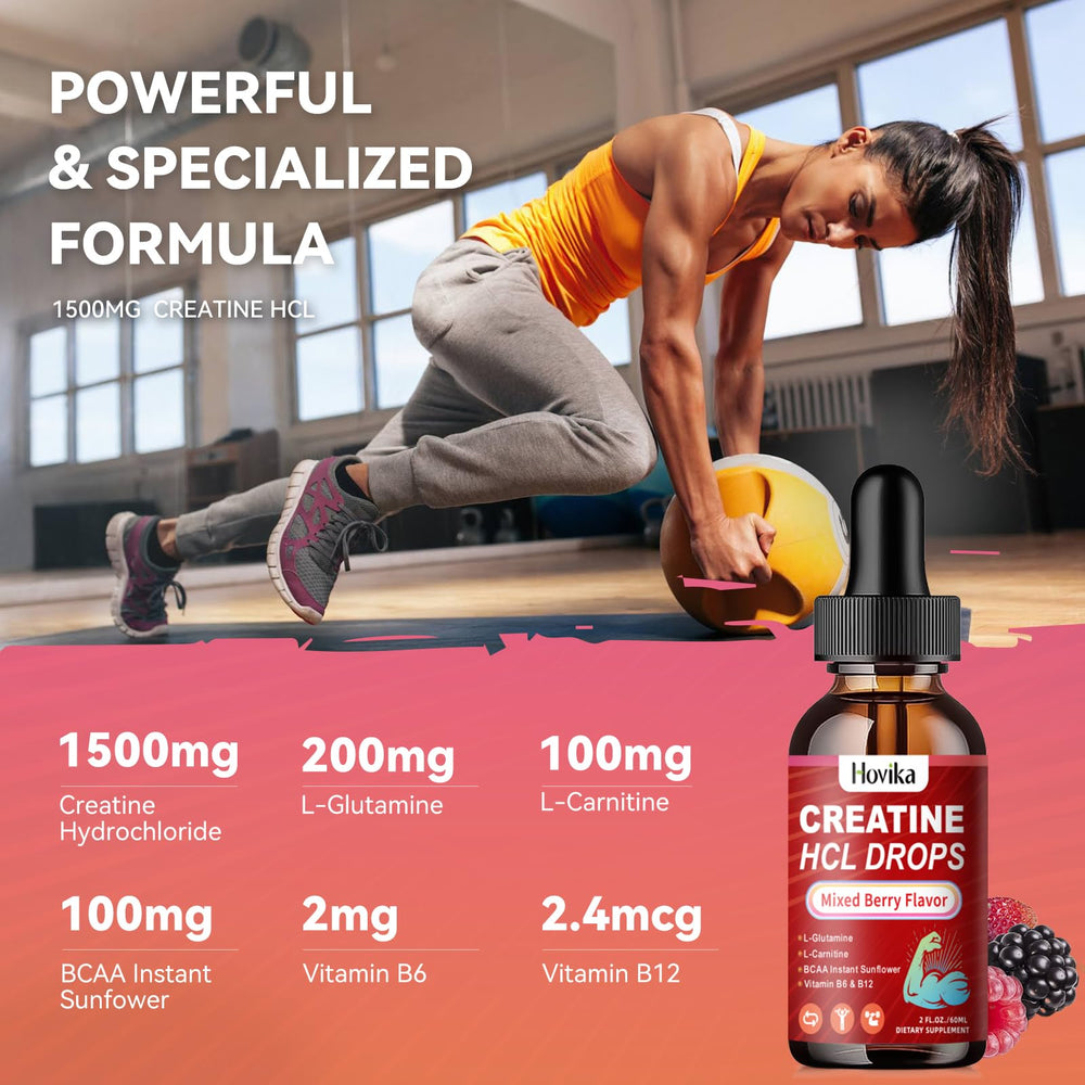 Hovika Creatine HCL Liquid Drops label closeup highlighting ingredients
