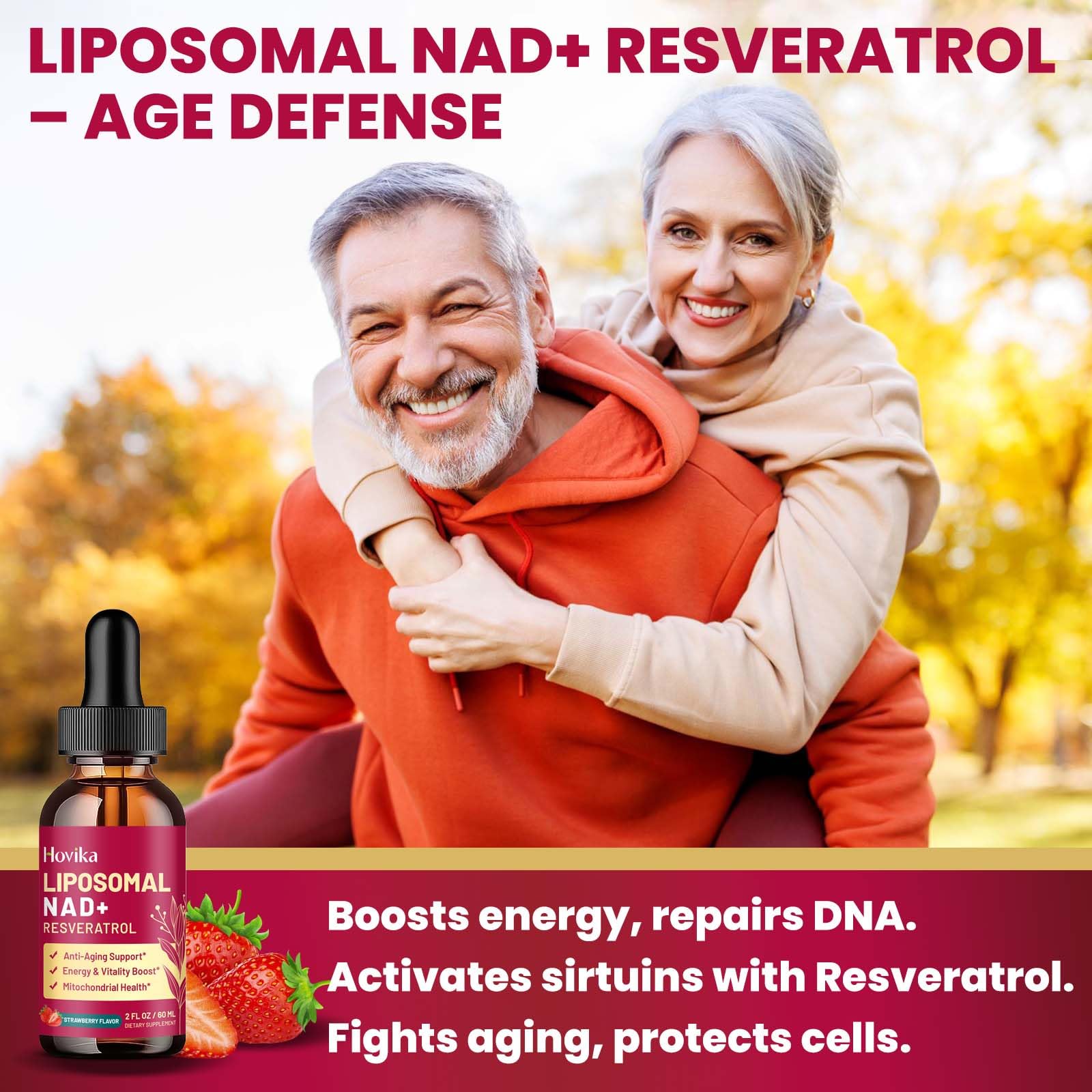 Hovika NAD drops with water cup suggests convenient mixing for focus.